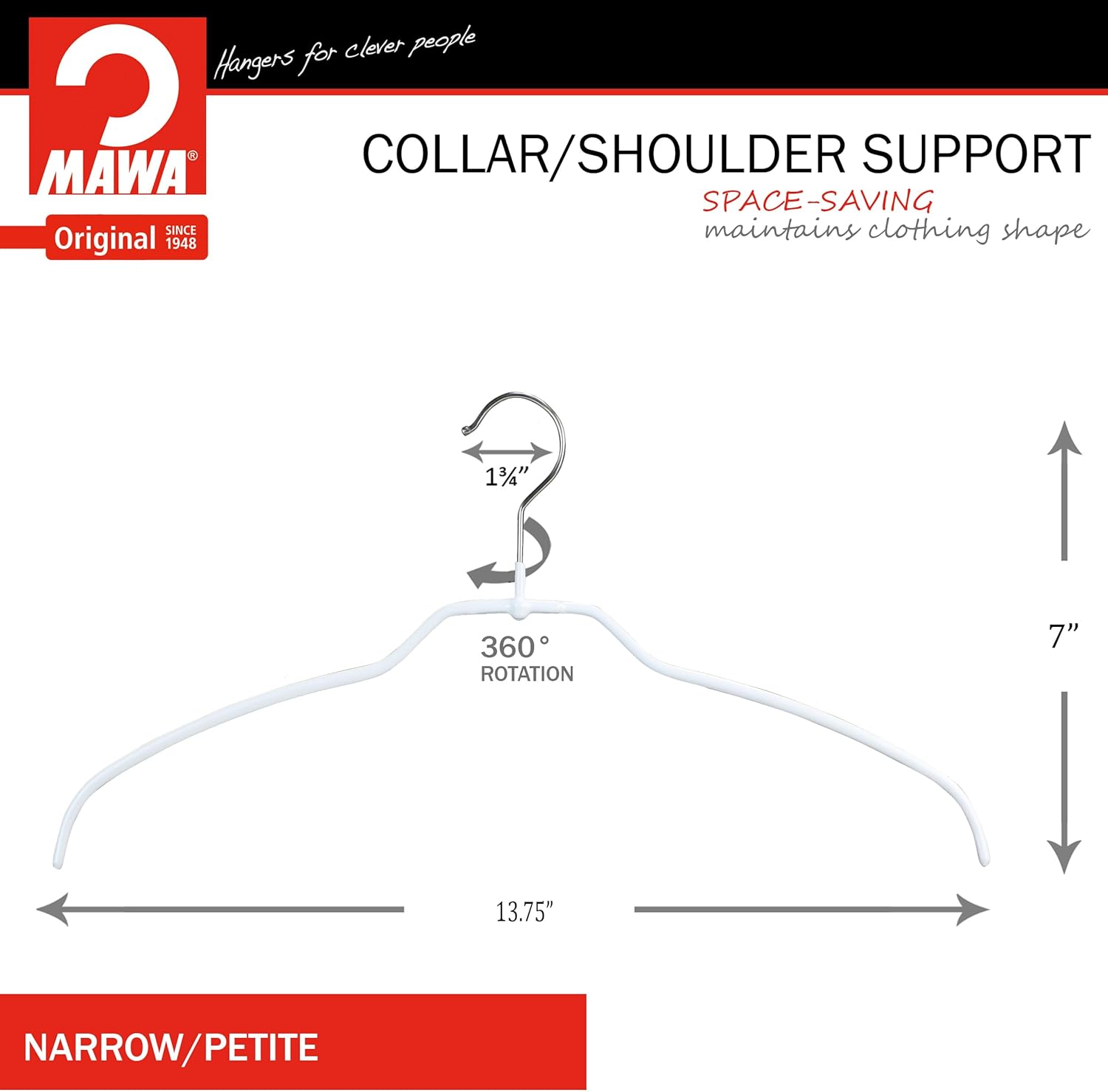 Mawa Narrow Petite Silhouette Clothing Hanger, Steel Hanger with Non-Slip Coating, for Shirts, Dresses, Camisoles, T-Shirts, Space-Saving, Rotating Hook, Set of 20, White