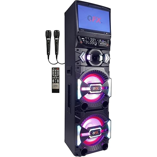 QFX Party Speaker Bundle | SBX-212W Bluetooth Large Party Karaoke Speaker with Dual 12" Woofers and 15.4" LED Display