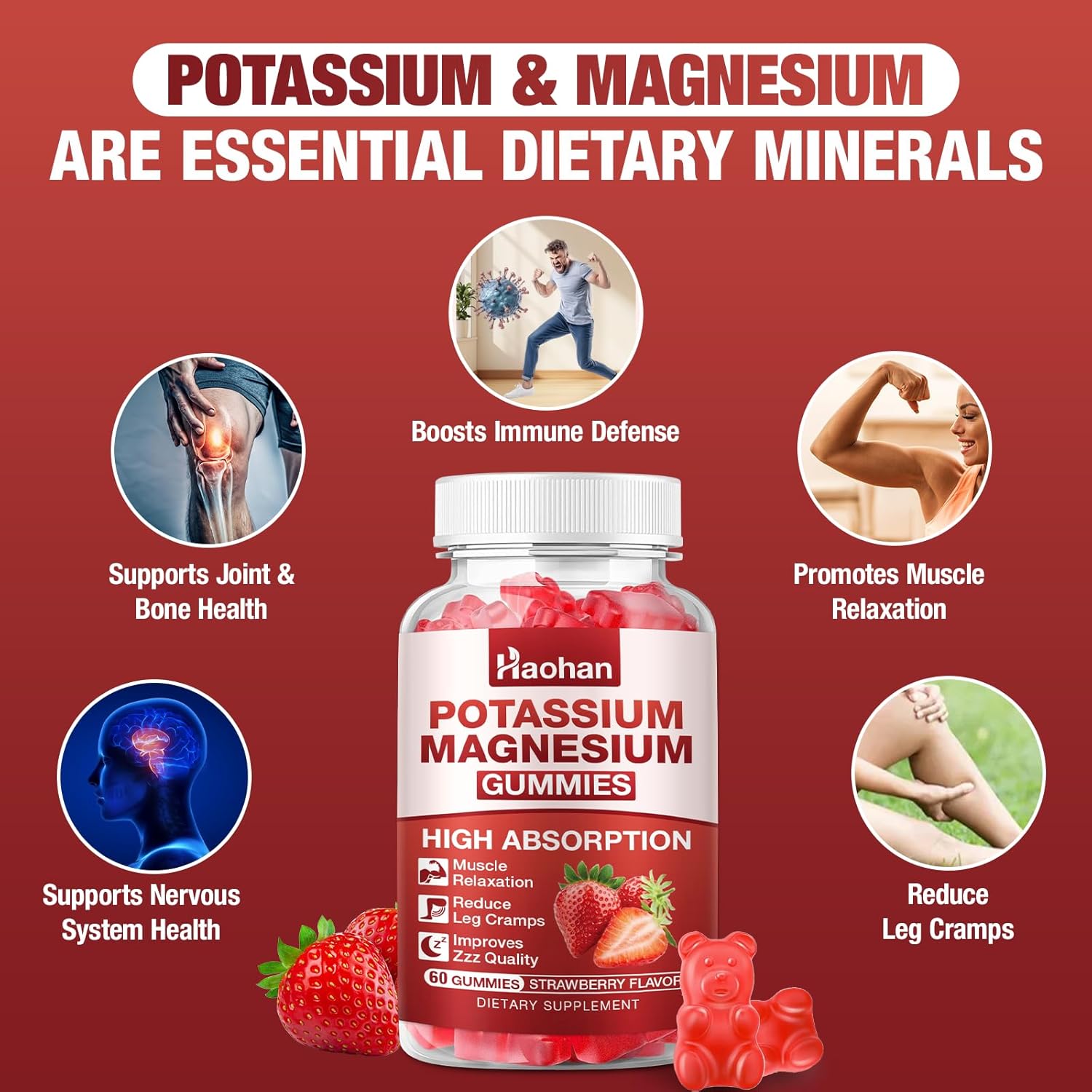 Potassium Magnesium Gummies with Electrolytes & Vitamins - Magnesium Glycinate, Potassium Citrate, Calcium, Vitamins B6, D3 & K2 for Muscle Function & Recovery - Vegan, Strawberry, 120 Count - Image 3