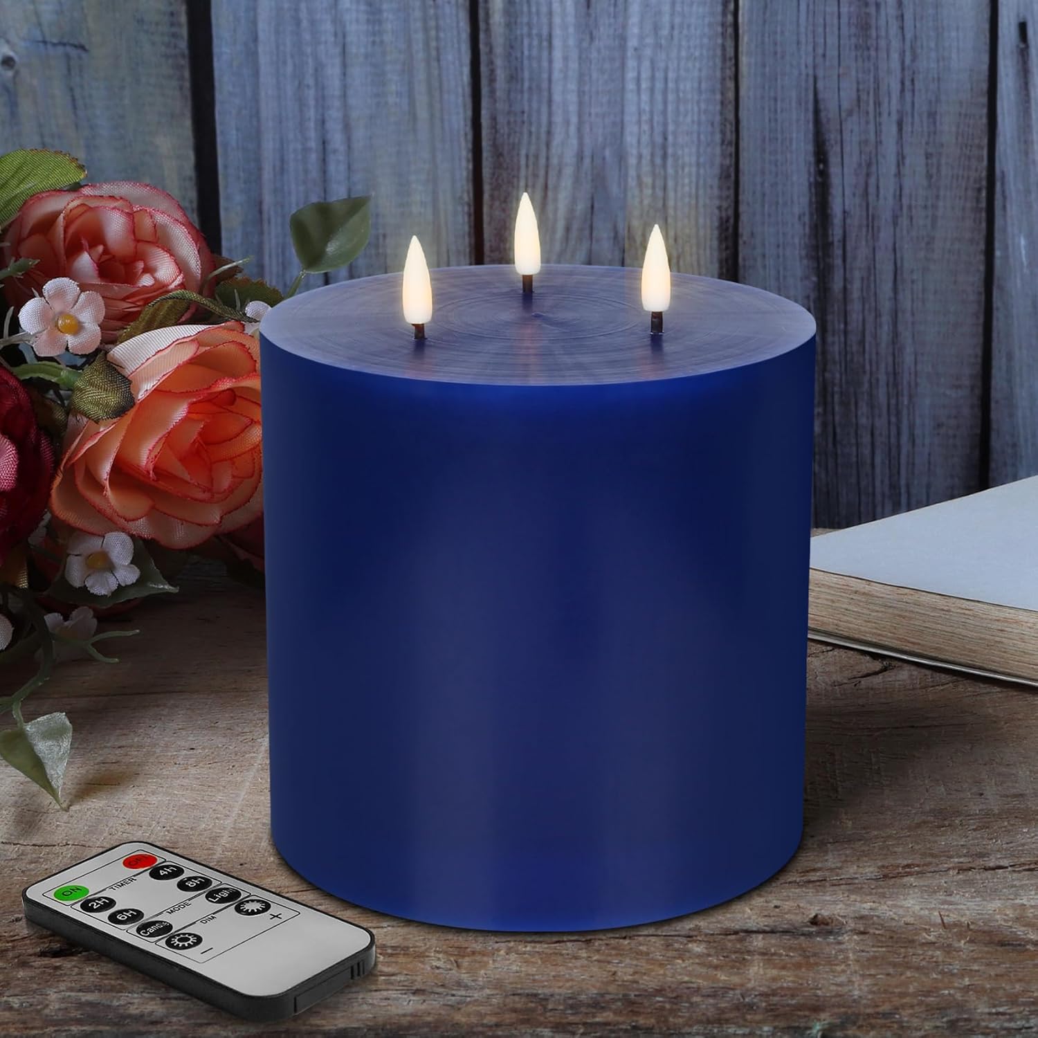 duduta 3 Wick Navy Blue Flameless Pillar Candles with Remote Timer, Real Wax 6" x 6