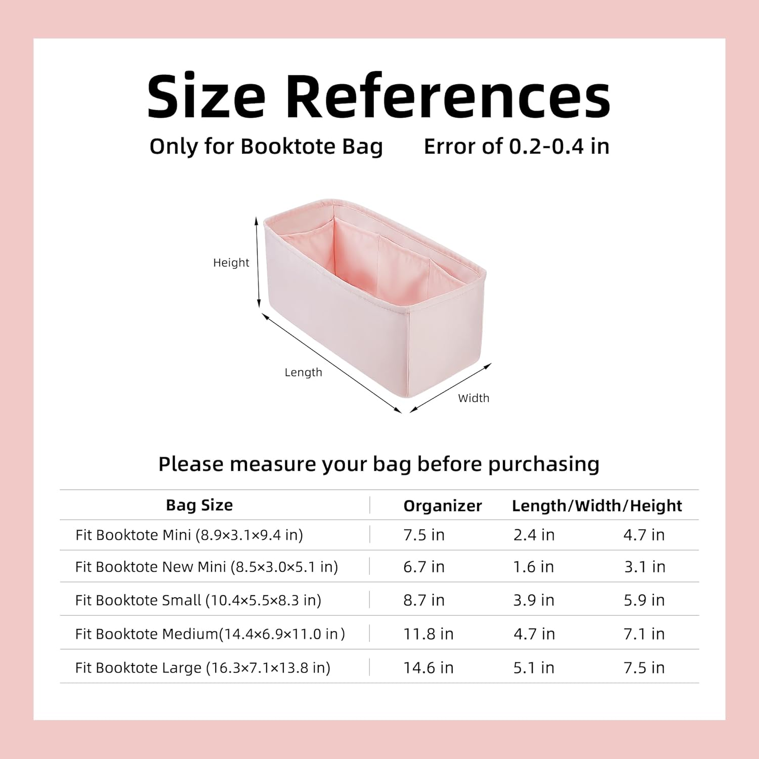 DGAZ Silk Purse Organizer Insert For Dior Book Tote mini/S/M/L,Silky Smooth Bag Organizer,Luxury Handbag & Tote Shaper(Pink,BT-L) - Image 5