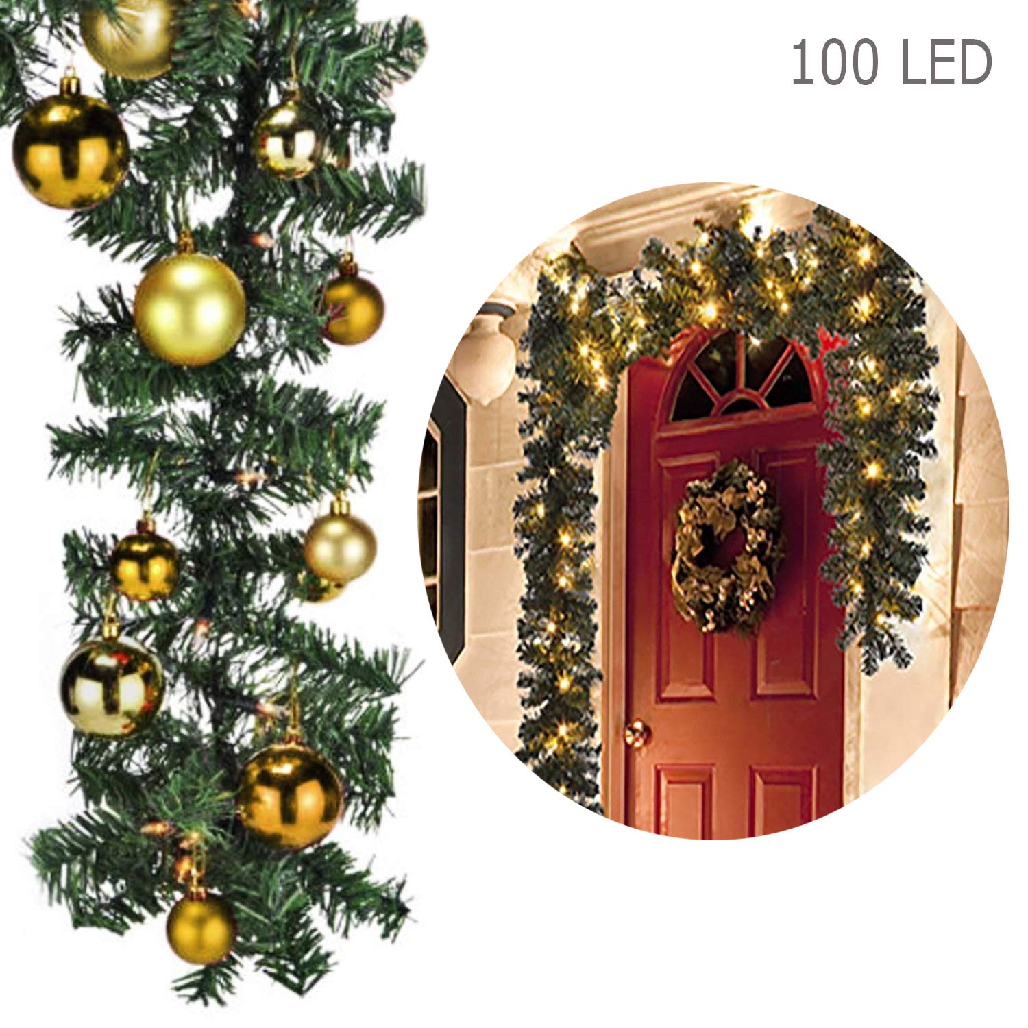 XXL Weihnachtsbeleuchtung Girlande beleuchtet Tannengirlande 100 LED Lichterkette 810 cm innen und außen inkl. 60 Christbaumkugeln Gold