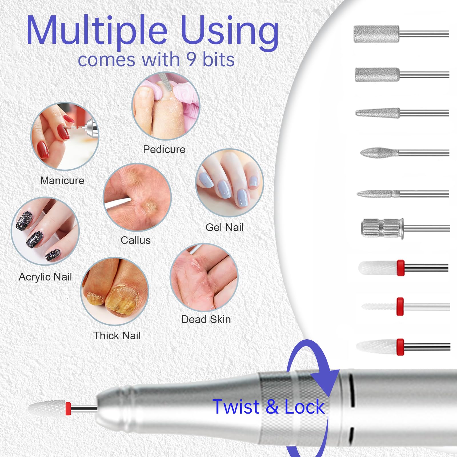 Perceuse à ongles professionnelle rechargeable 35 000 tr/min, lime à ongles électrique à paillettes diamant pour façonner, enlever et polir les ongles en gel, portable et facile à utiliser