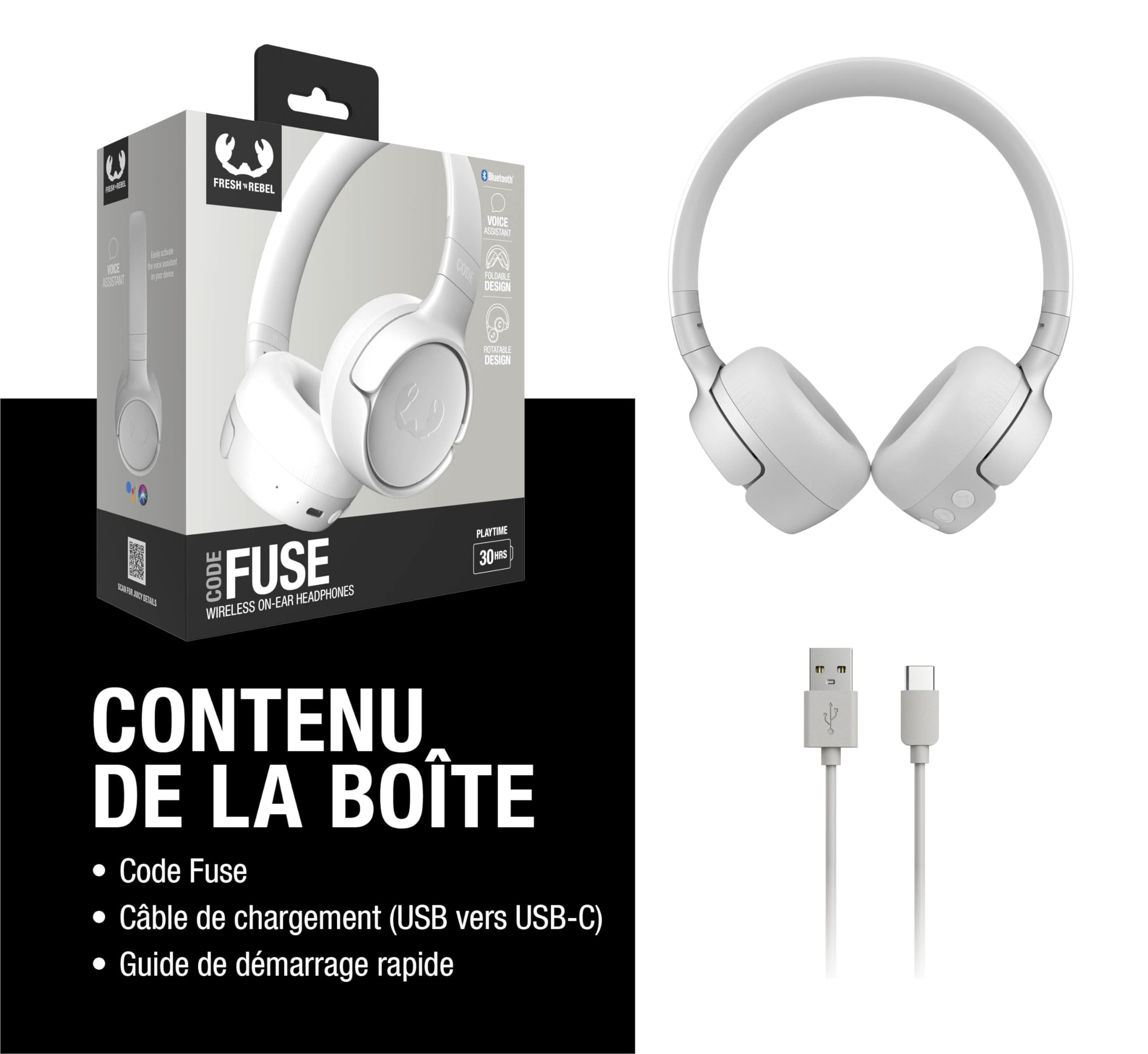 Fresh 'n Rebel Code Fuse, Casque Bluetooth sans Fil Supra-Aural, 30h D'Autonomie, avec Microphone et Assistant Vocal, Commandes de Volume et Boutons de Lecture/Pause, Pliable (Ice Grey)