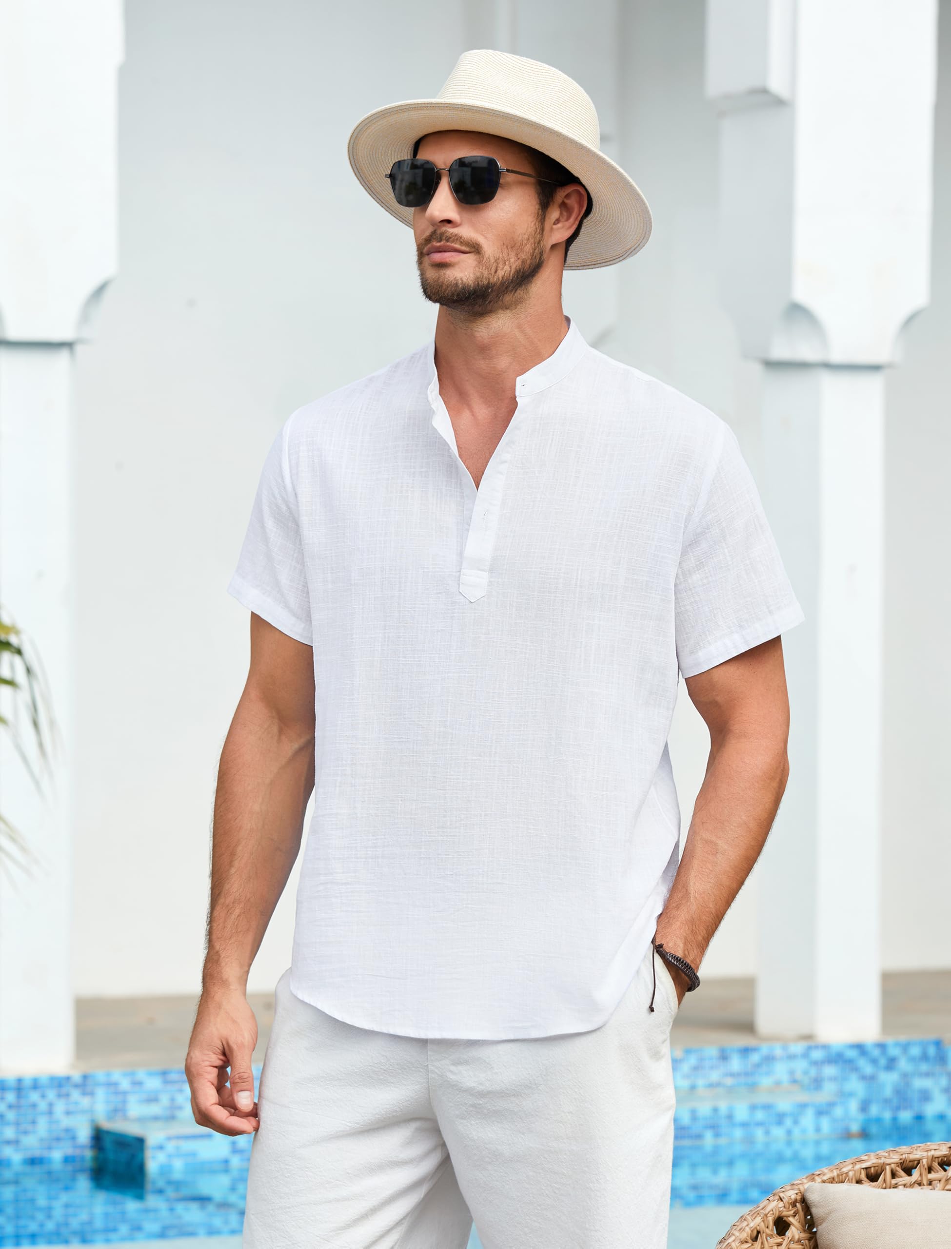 Enlision Camisa Lino Hombre Manga Corta Verano Camisas Casual para Hombres Cuello Mao Ibicenca Camiseta con Botones Algodón Color Sólido Ropa S-4XL