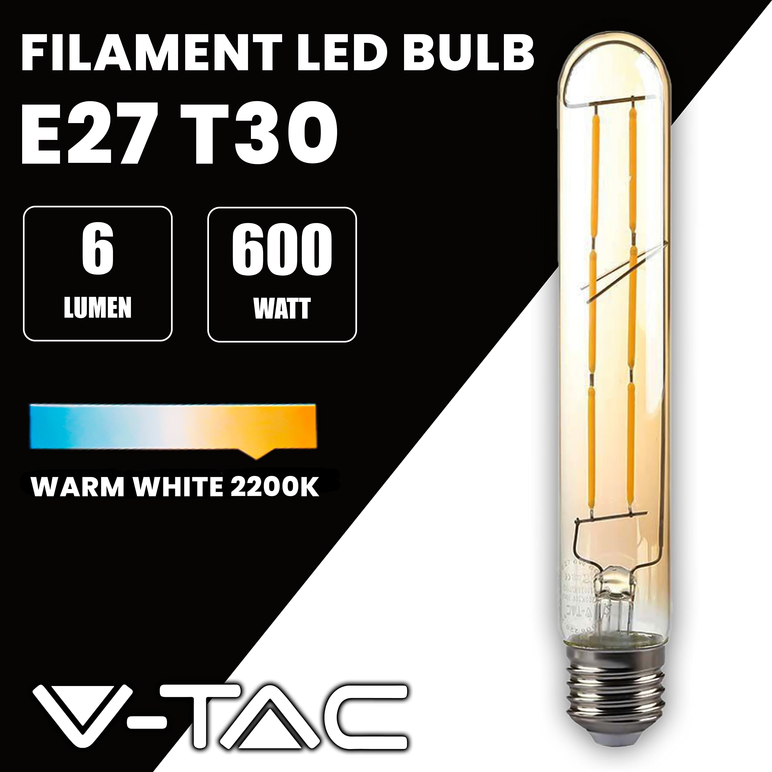 V-TAC Bombilla LED de filamento ámbar T30 con casquillo E27-6 W (Equivalentes a 45 W) – 100 lúmenes – Bombillas vintage cristal – Máxima eficiencia y ahorro energético – 2200 K blanco cálido
