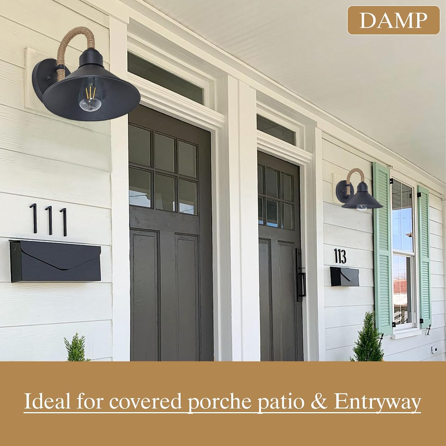 Indoor Outdoor Wall Sconce with Hemp Rope, Matte Black Vintage Porch Light, 10 Inch Modern Farmhouse Industrial Lamp, E26 Exterior Lighting Fixture for Bedroom, Hallway, Barn, Garage, Patio