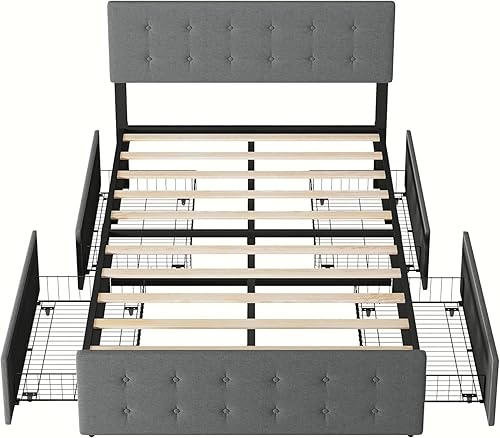 Miniatura 7 de GAOMON Base de cama de tamaño matrimonial con 4 cajones de almacenamiento y cabecero, base de colchón tapizada con plataforma completa, base de