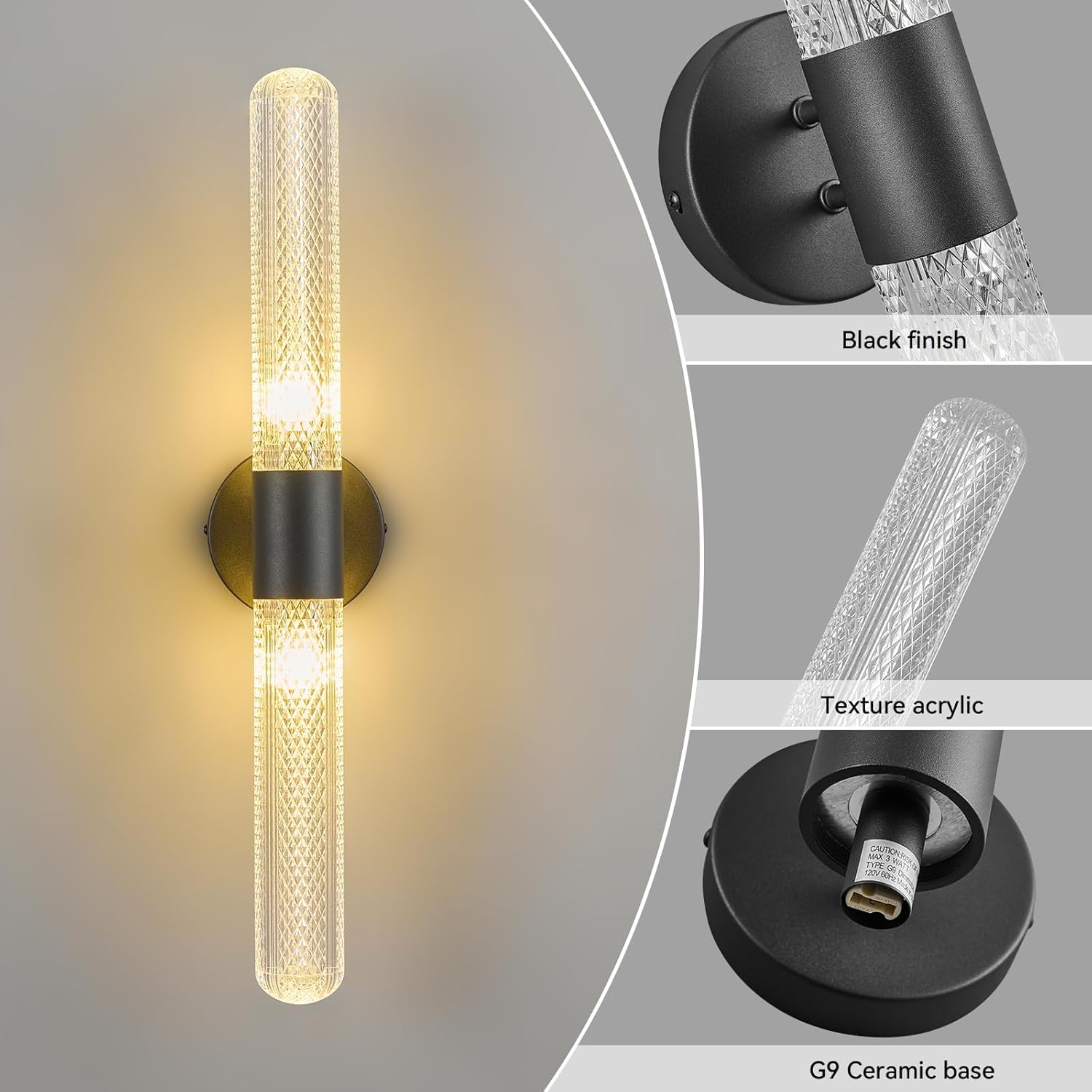 Wall Sconces Set of Two Acrylic Sconces Wall Lighting Black Up and Down 2-Light Wall Lamp, Vertical and Horizontal Wall Mounted Sconces for Bedroom Living Room Modern Bathroom Vanity Lights