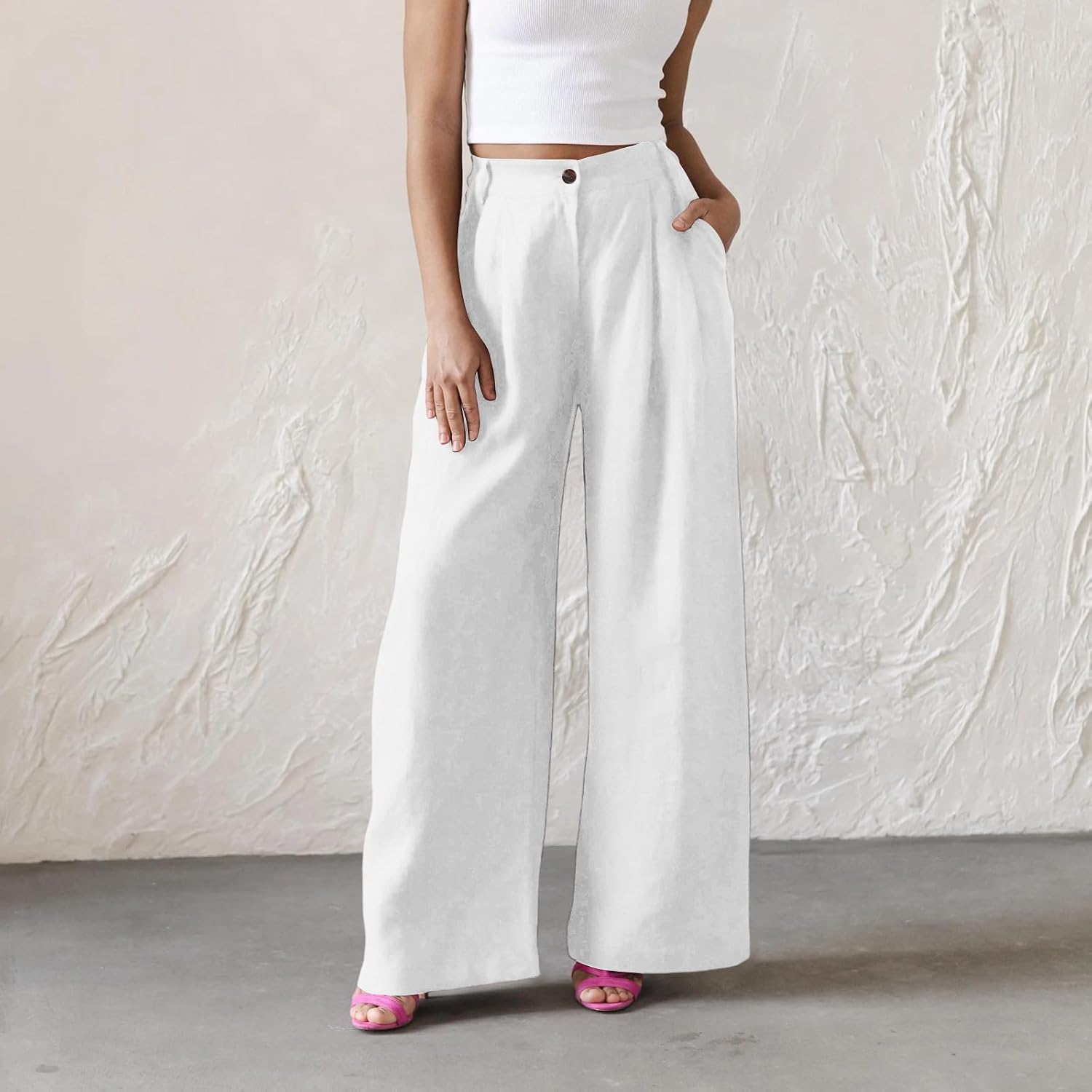 Linen Pants for Women Wide Leg Palazzo Summer Flowy Pants Beach Vacation Clothes Travel Trousers with Pockets