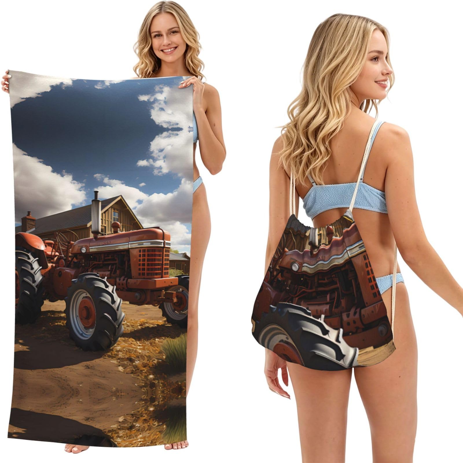 SXZVVBN Red Tractor 2-in-1 Beach Towel Bag, Quick Dry Sand Free Travel Towel Backpack for Adults