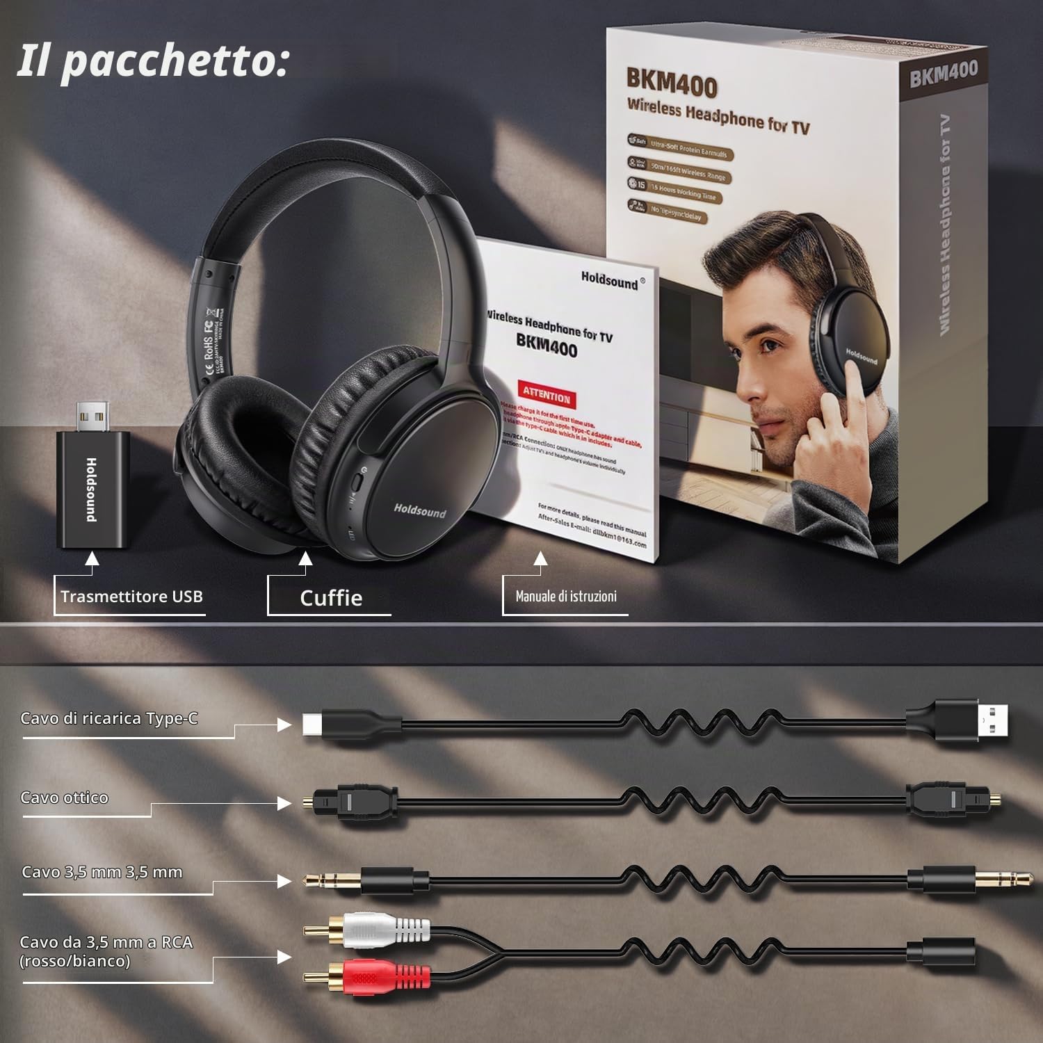 Holdsound Cuffie TV Wireless, Leggero E Confortevole, Plug And Play | Wireless TV Auricolare Per Gli Anziani Con Portatile USB Trasmettitore,Nessun Ritardo Audio,50 m Gamma,20h Di Intrattenimento