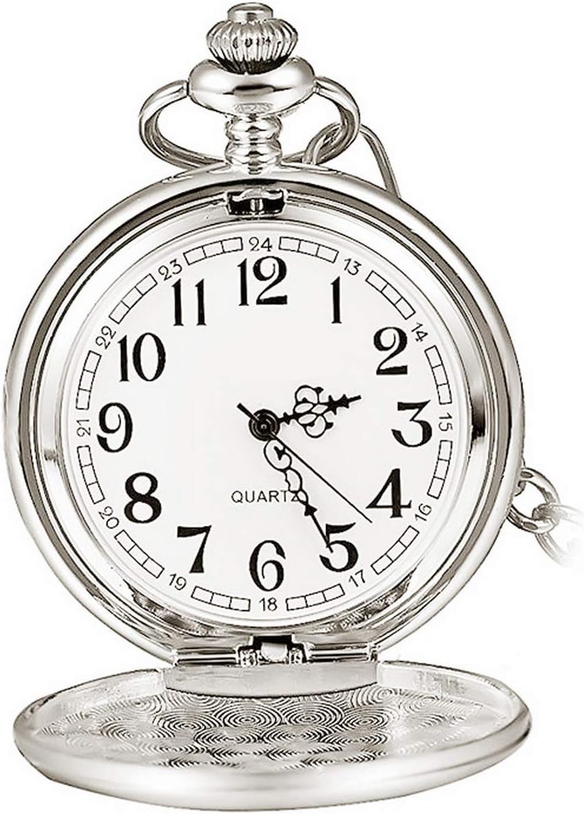 Smooth Vintage Steel Quartz Pocket Watch Classic Fob Pocket Watch with Short Chain for Men Women - Gift for Birthday Anniversary Day Christmas Fathers Day