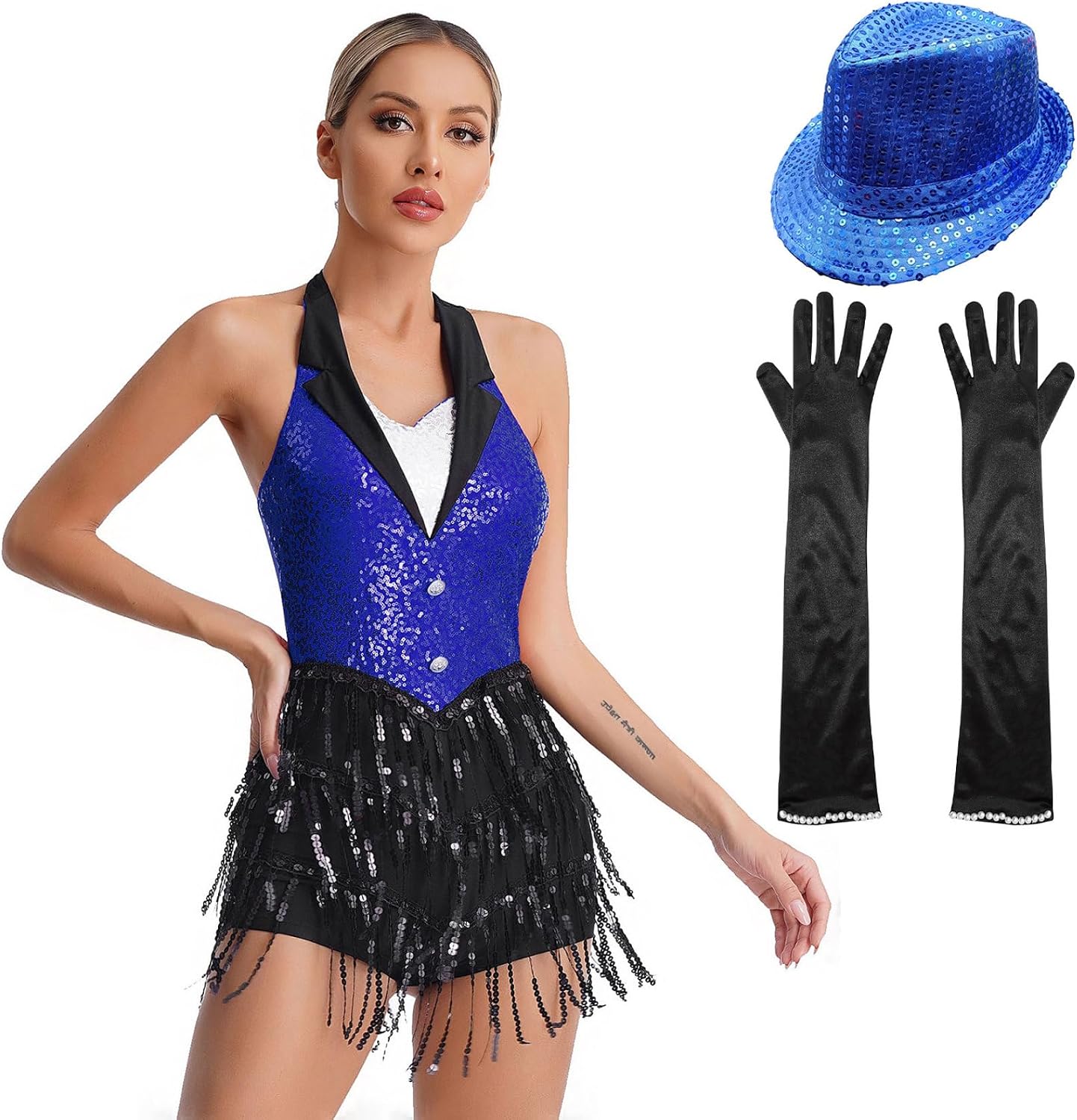 Vxuxlje Womens Jazz Latin Dance Costume Sequin Tassel Halter Neck Leotard Sets Performance Dancewear