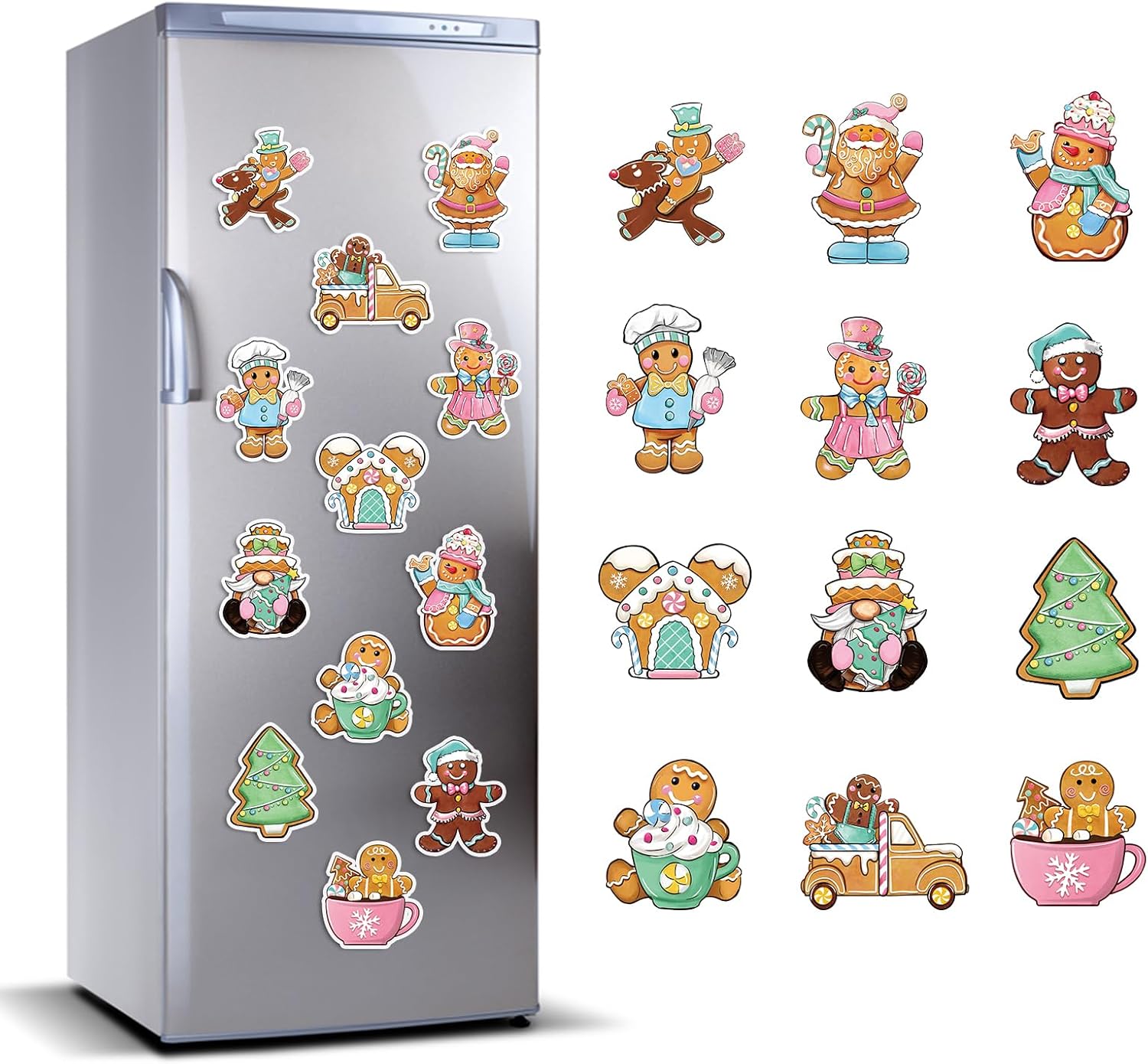 12 PCS Christmas Gingerbread Man Refrigerator Magnets Decoration, Xmas Tree Santa Snowman Fridge Car Garage Door Magnetic Stickers, Winter Waterproof Dishwasher Decals Home Kitchen Decor