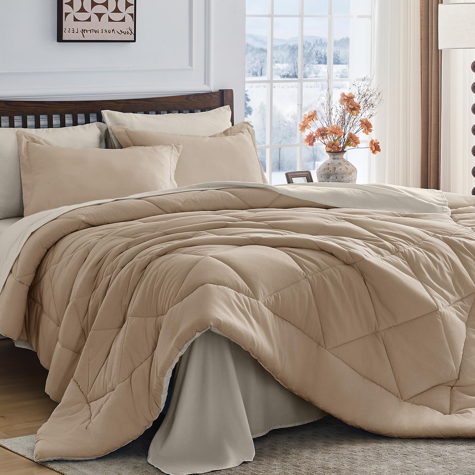 HEVUMYI 7-Piece King Comforter Set, Khaki &amp; Linen Bed in a Bag
