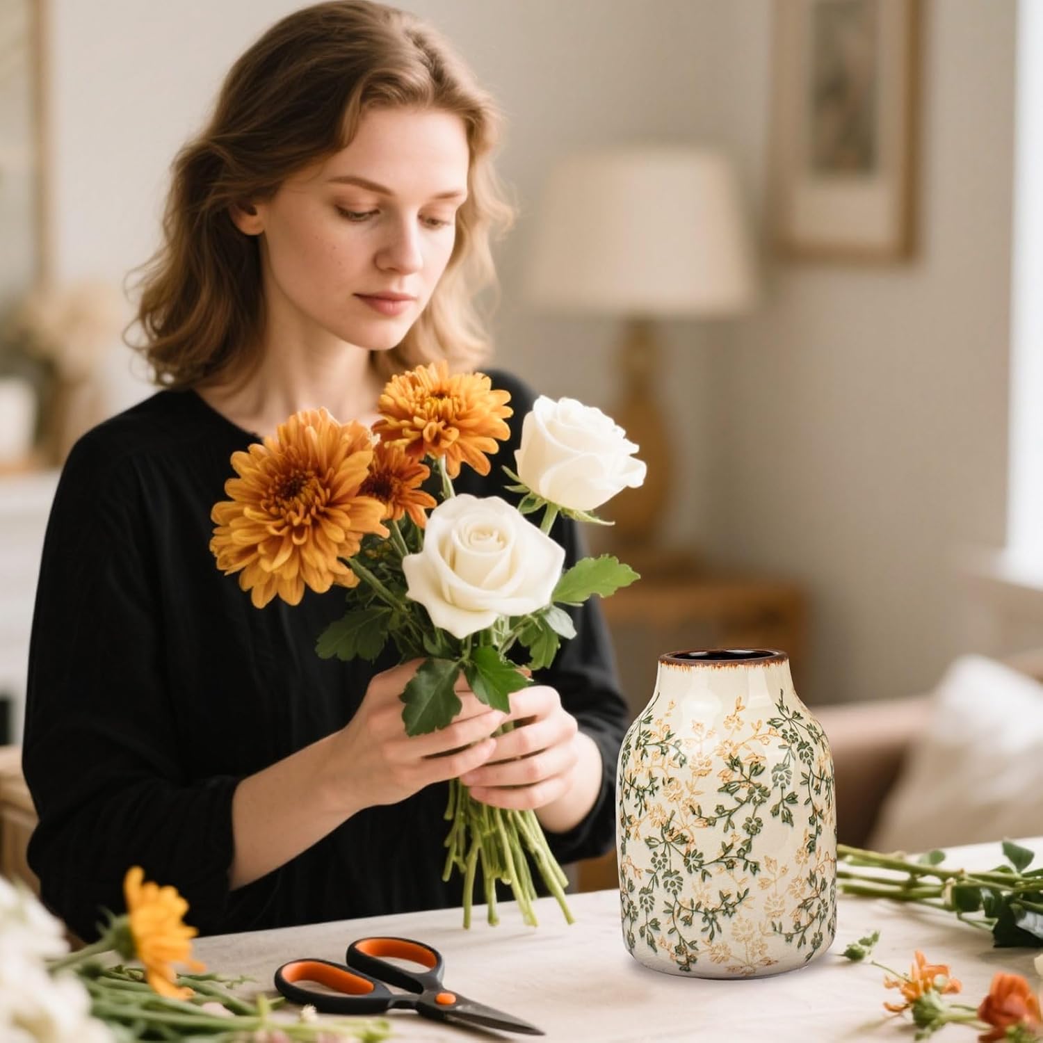 Green Vinatge Vase, Farmhouse Rustic Ceramic Flower Vase, Antique Chinoiserie Vases, Decorative Ice Cracked Large Vases for Home Decors, Living Dining Room Table, Shelf Decor, Office, 7.8 Inch