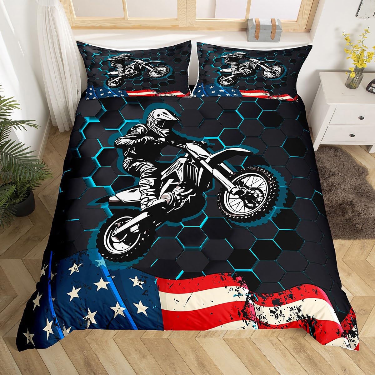 Motorcross chłopięca poszewka na kołdrę w rozmiarze M, motocykl, wyścigowy, sportowy, komfortowa poszewka z 1 poszewką na poduszkę, flaga USA, heksagonowa kołdra dla chłopców i nastolatków