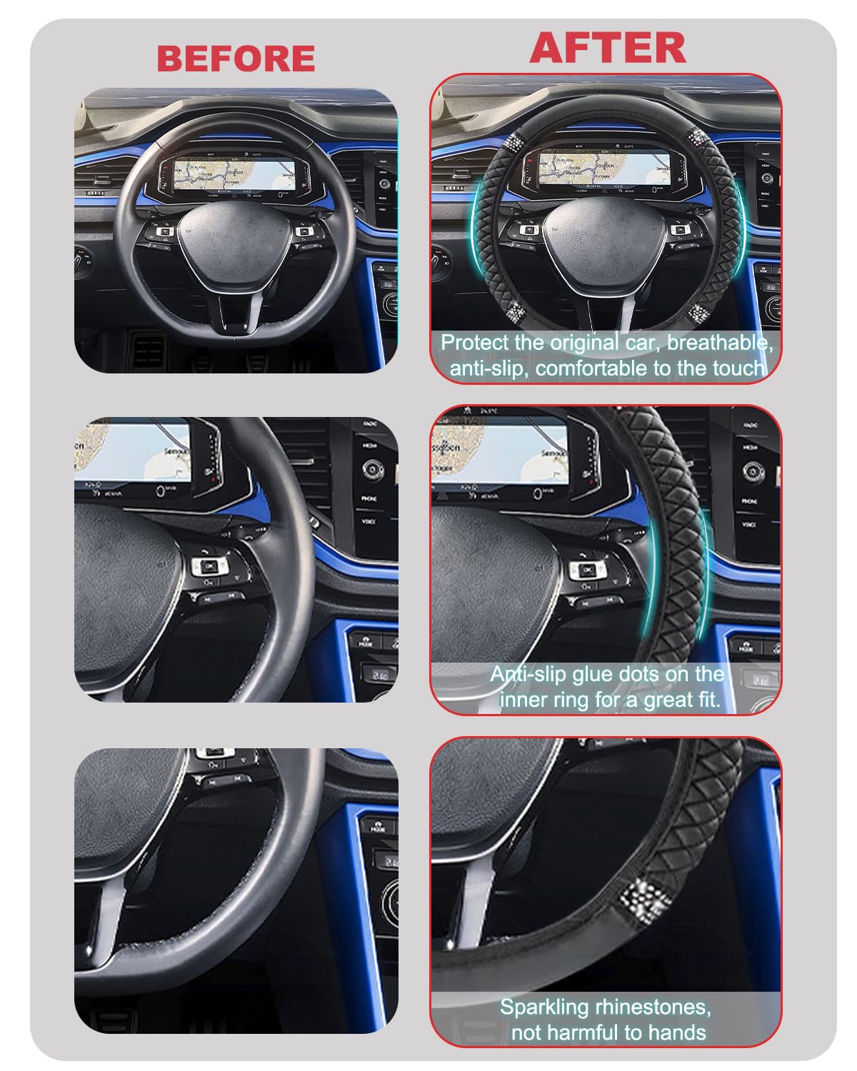 Coprivolante Cristalli Zone Tech Coprivolante Zone Tech Con Strass - Pelle PU, Diametro 14-15, Sfondo Nero, Super Brillante Accessorio Auto Decorativo Zone Tech
