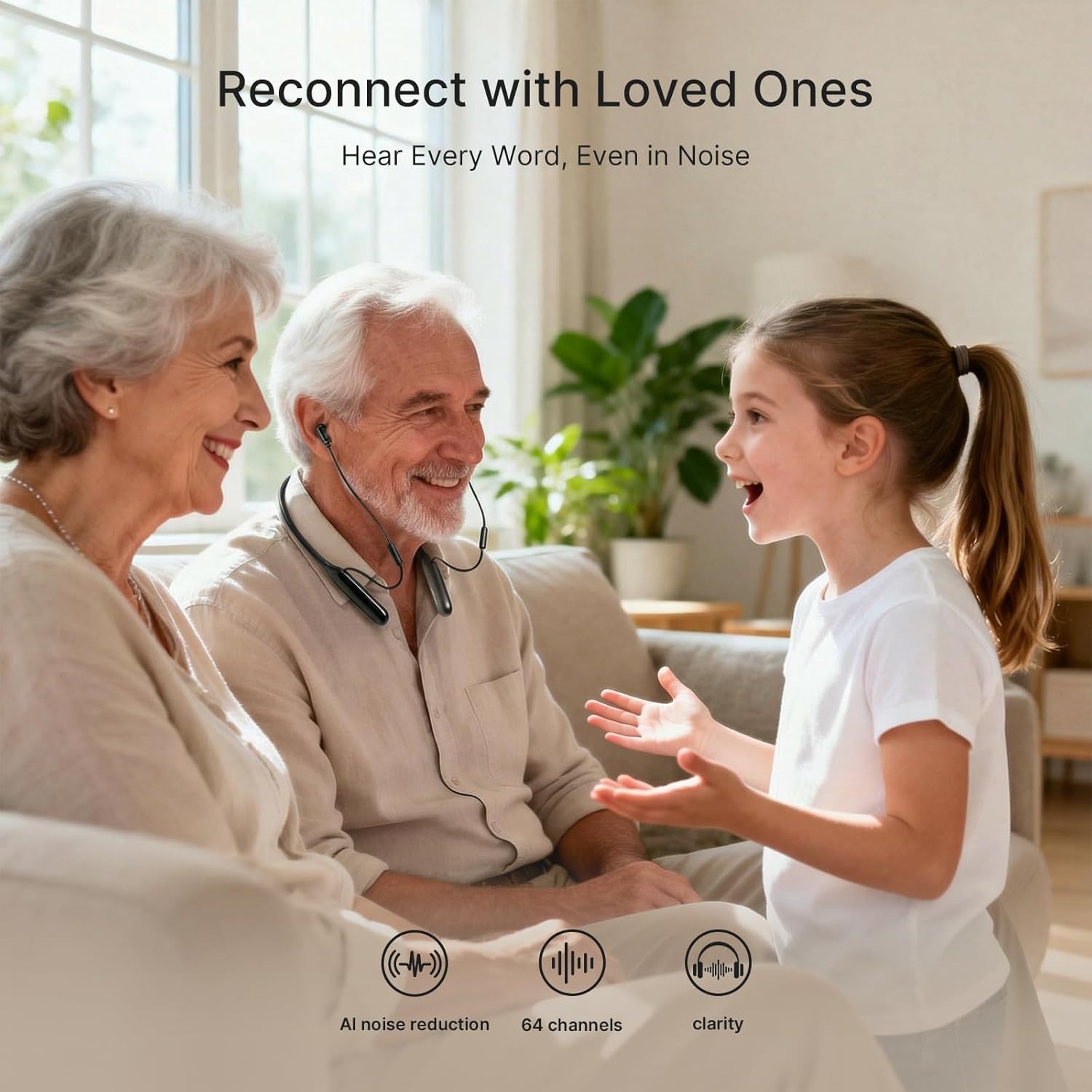 ZDEER OTC Hearing Aids, 64 Channel Hearing Aids for Seniors, Dual-Chip Noise Reduction, Rechargeable Digital Hearing Amplifier with 2H Fast Charging & 40H Battery, 7 Volume Levels, Neckband Design
