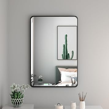 Black Bathroom Mirror, 18 x 28 Inch Rounded Rectangle Wall Mirror