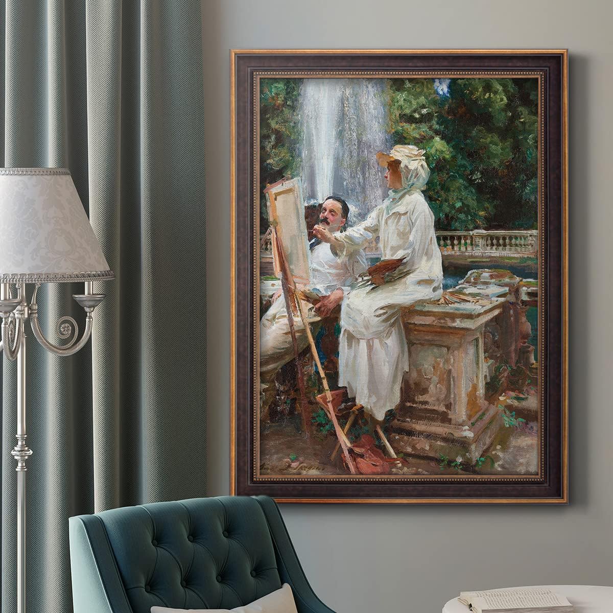 Renditions Gallery Abstract Wall Art Bronze & Gold Framed Artwork Women Doing Painting near Fountain by John Singer Seargent Canvas Prints & Paintings for Bedroom Dining Living Room Office Home Kitchen Wall Decor - 29"X41"