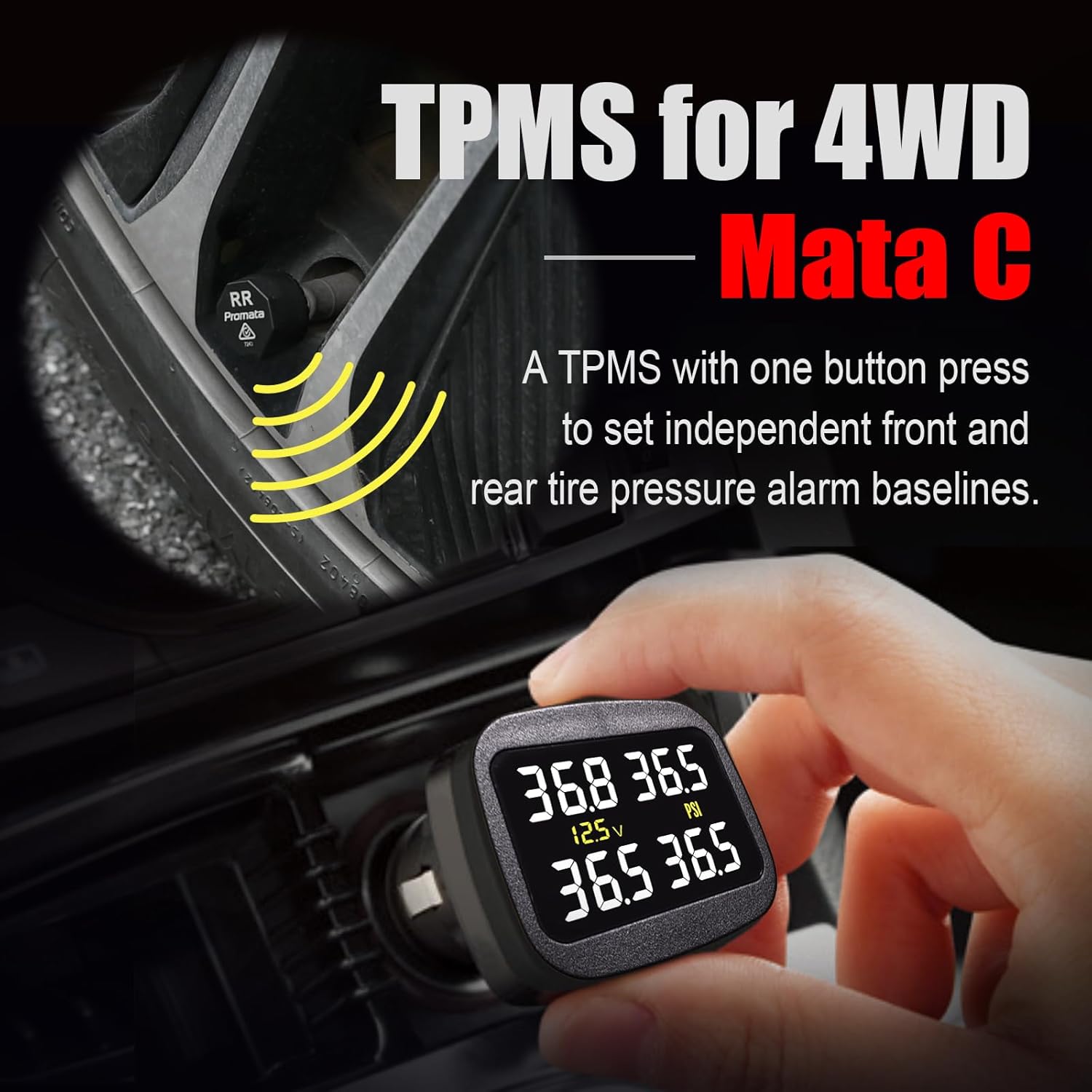 Promata Tire Pressure Monitoring System(0-116PSI) with 4 Sensors & 6 Alarm Modes, Real-time Monitor Car Battery Voltage, Colorful TPMS Display for Travel RV Truck Motorhome Camper