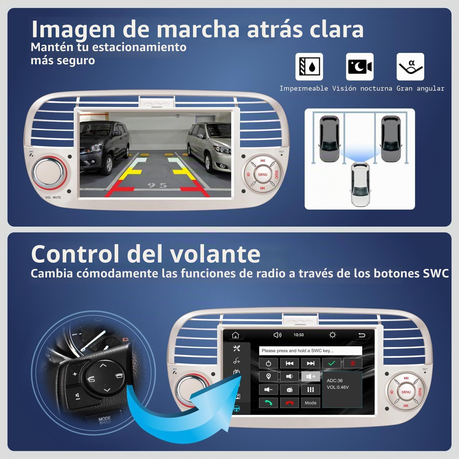 Radio de Coche Doble DIN Compatible con CarPlay Inalámbrico Android para Fiat 500 2007-2015 Pulgadas IPS Radio Bluetooth/FM/Am/USB/EQ