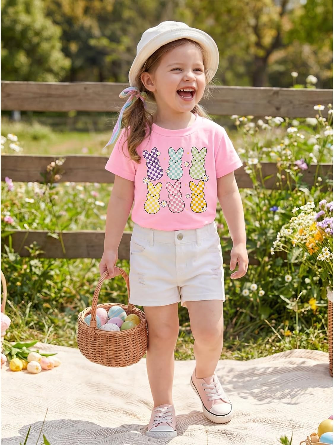 IZYJOY Toddler Girls Easter Shirt Kids Cute Checkered Bunny Flower Graphic T-Shirt Easter Day Rabbit Short Sleeve Tee Tops