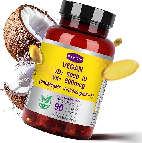 Miniatura 2 de FAMILI+ Vitamina D3 de alta potencia 5000IU +K2 900Mcg Cápsulas blandas veganas con aceite de coco MCT  5000IU fuente vegetal Vitamina D3 + 750Mcg