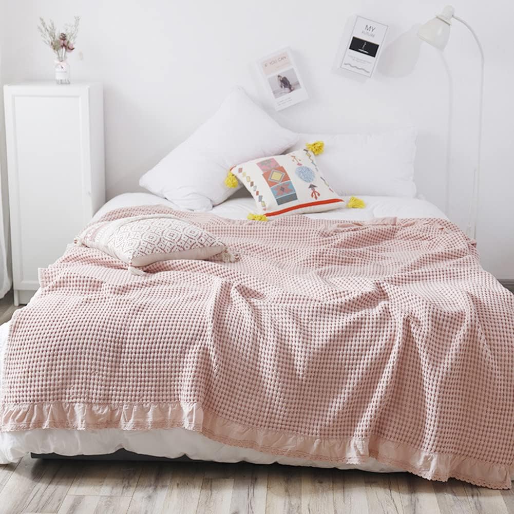 Waffle Weave Blanket with Ruffles, 100% Cotton Breathable Bed Blankets for All Season, Soft Air Conditioner Blanket, Thermal Blanket for Home Couch Bed Sofa