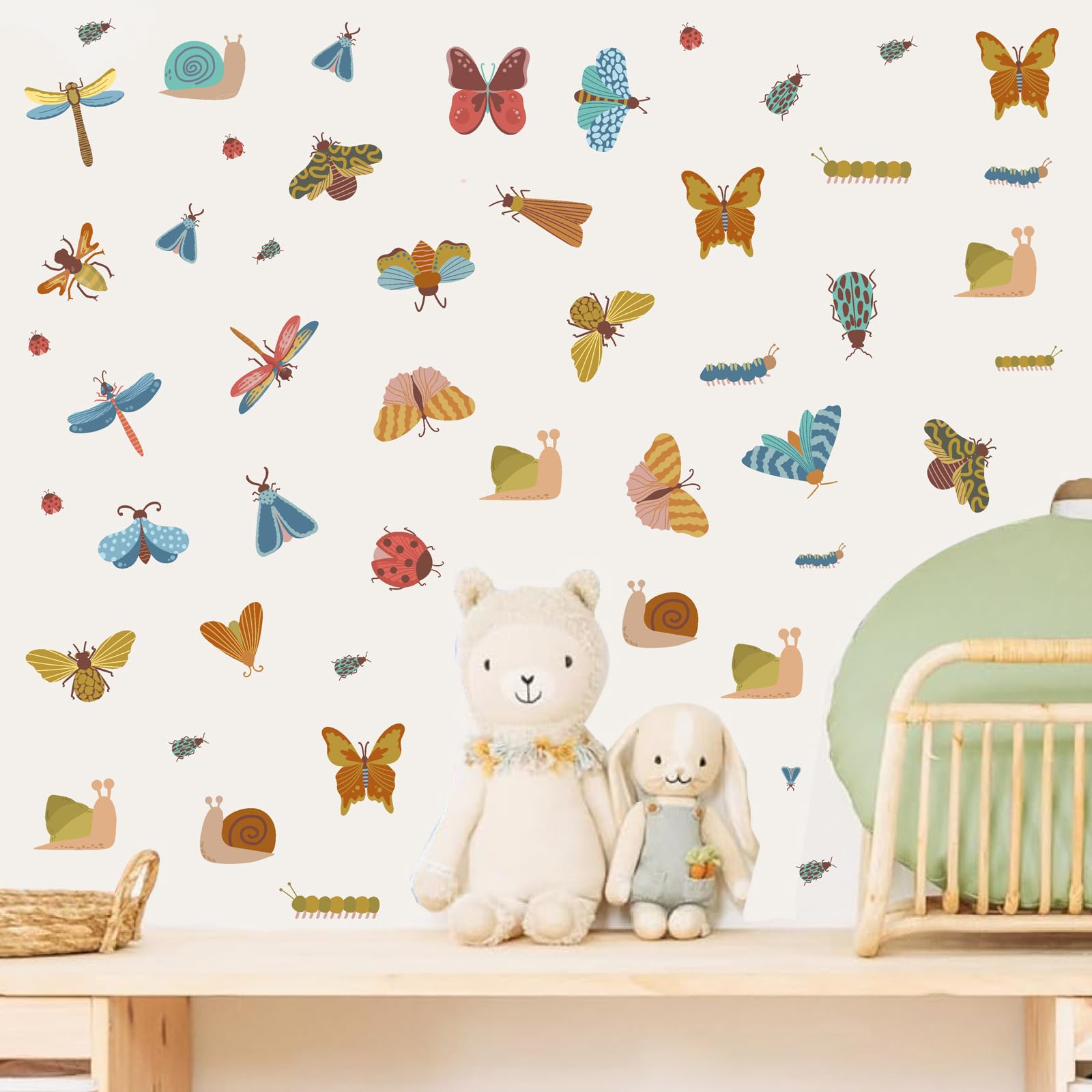 Cute Insect Wall Decals Cartoon Insects Stickers Small Animal Butterfly Dragonfly Snail Bug Decals Nursery Decor Peel and Stick Watercolor Boho Wall Stickers for Kids Room Baby Bedroom
