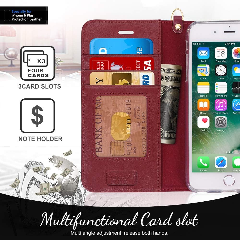 Hоt Dеаlѕ FYY Luxury Genuine Leather Wallet Case for iPhone 6 Plus/6s Plus, [Kickstand Feature] Flip Phone Case Protective Cover with [Card Holder] [Wrist Strap] for Apple iPhone 6 Plus/6s Plus 5.5 Wine Red