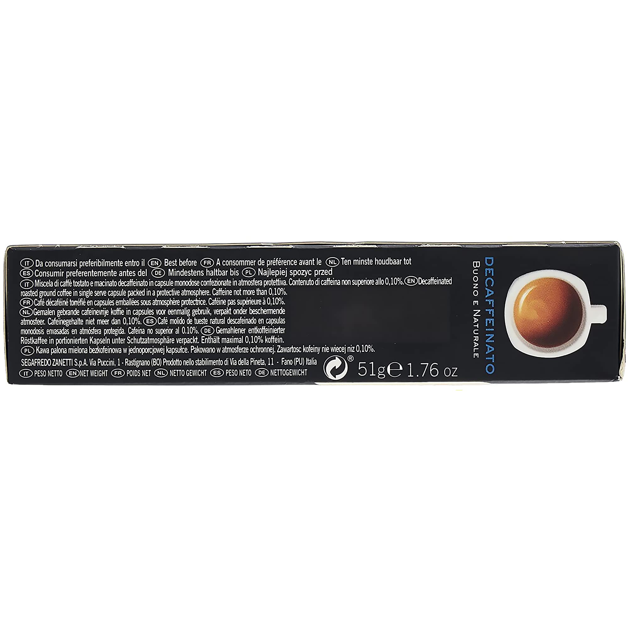 Segafredo Zanetti 100 Cápsulas de Aluminio Compatibles con Nespresso Café Descafeinado con Método Natural (10 Cajas de 10 Cápsulas) - Adecuadas para Máquinas Nespresso Original
