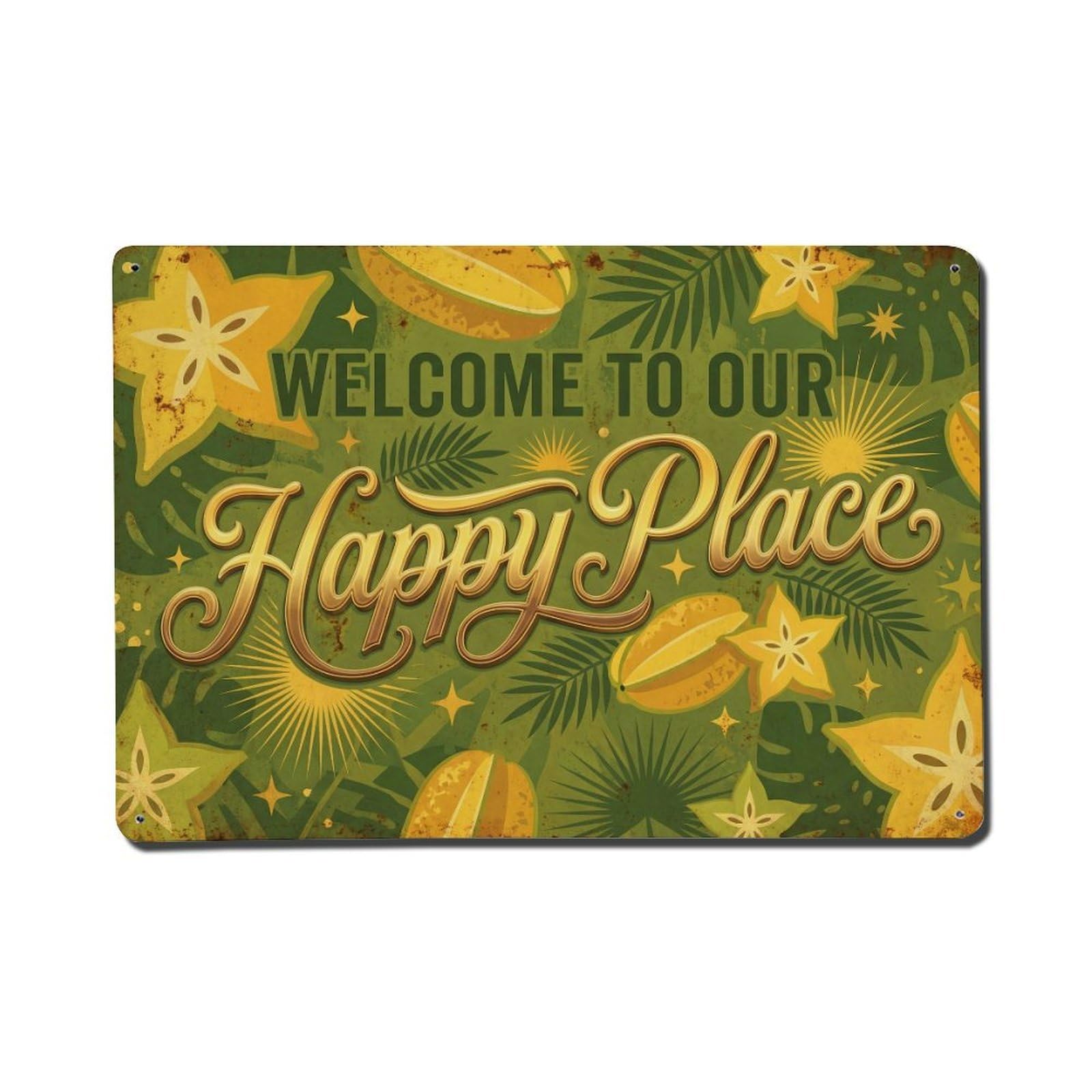 Okngb Style Strontianite Stone Welcome Happy Place Rustic Garden Metal Tin Sign Plaque Wall Decor For Cafe, Man Cave, Club Bar, Office, Home Garden Round Metal Poster 8X12inch