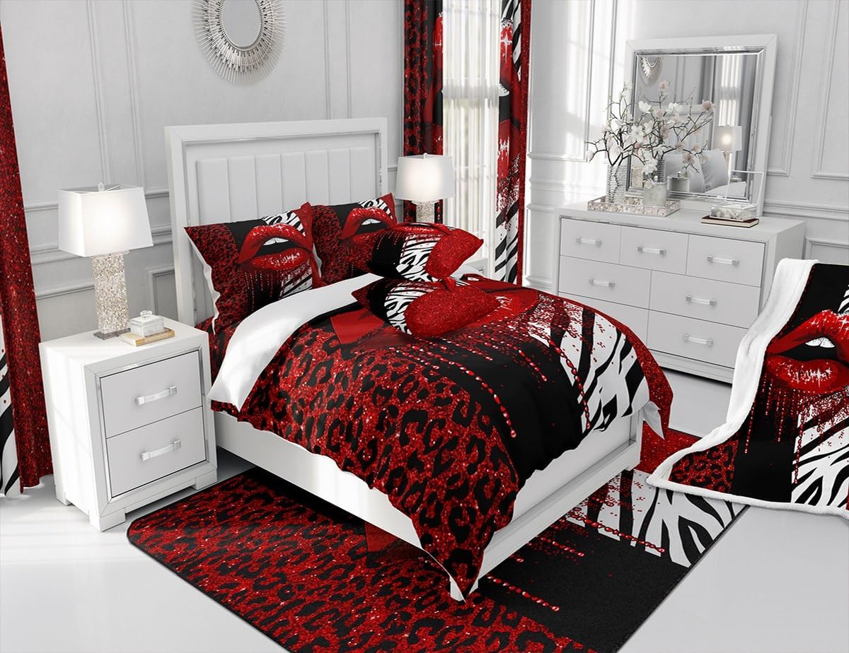 Manfei Red Lips Blackout Curtain Abstract Glitter Leopard Zebra Print Window Drapes for Kids Girls Room Decor, Wild Animal Skin Print Window Treatments Grommet Top 2 Panel Set Curtains, 52Wx63L inch