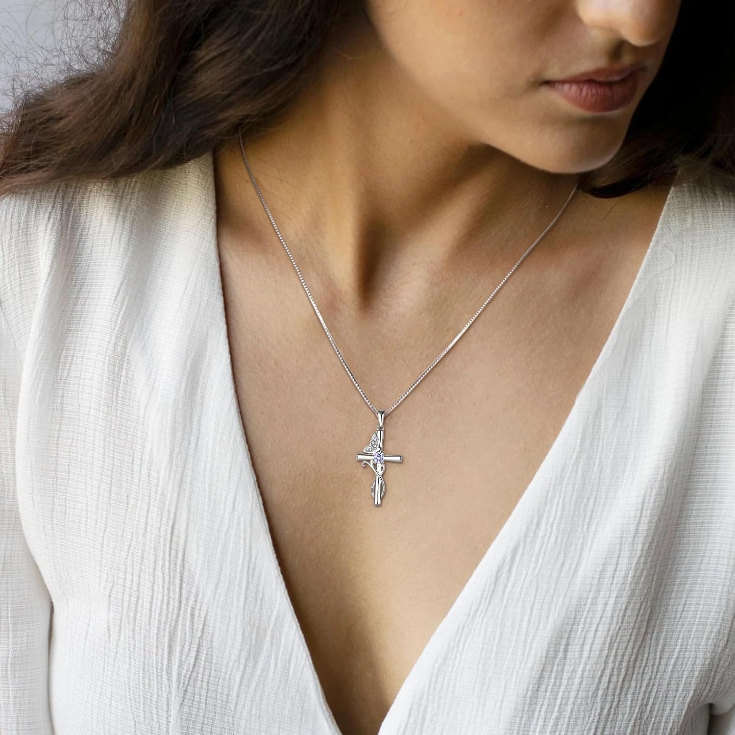 STARCHENIE Butterfly Cross Necklace 925 Sterling Silver Crucifix Pendant Birthstone Jewelry for Women - Image 3