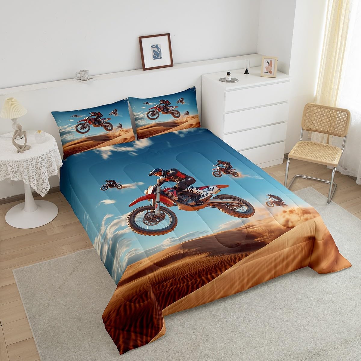 Feelyou Dirt Bike Comforter Set Full Size Racing Themed Bedding Set Ultra Soft Racing Motocross Rider Comforter for Kids Boys Girls Extreme Sports Duvet Quilt Bedroom Decor Motorbike Quilt