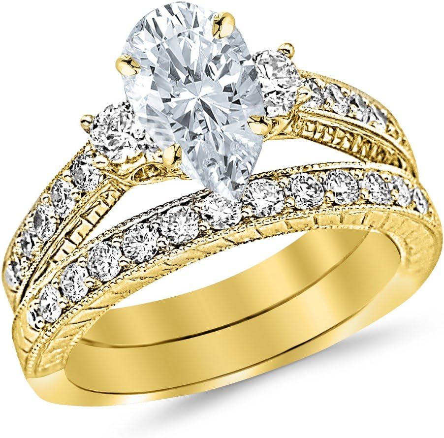 14K White Gold 2 Carat LAB GROWN DIAMOND Three Stone Vintage With Milgrain & Filigree Bridal Set with Wedding Band & Pear Cut Diamond Engagement Ring (E-F Color VS1-VS2 Clarity 1 Ct Center)