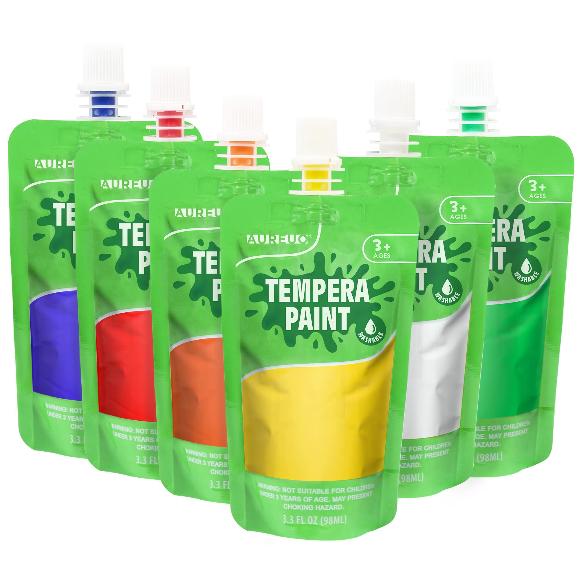 AUREUO Washable Tempera Paint Set for Kids 3.3 Oz./98 ml, 6 Major Colors, Pouch Design Liquid Paint Kit for Finger Painting- Non Toxic Paints for Kids