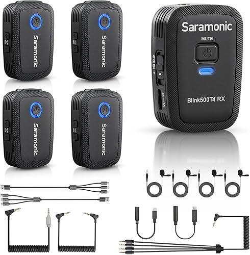 Saramonic Sistema de micrófono Lavalier inalámbrico de 4 canales para iPhoneAndroidcámara Vlog, micrófono de solapa 4 en 1 Blink500T4 y entradas