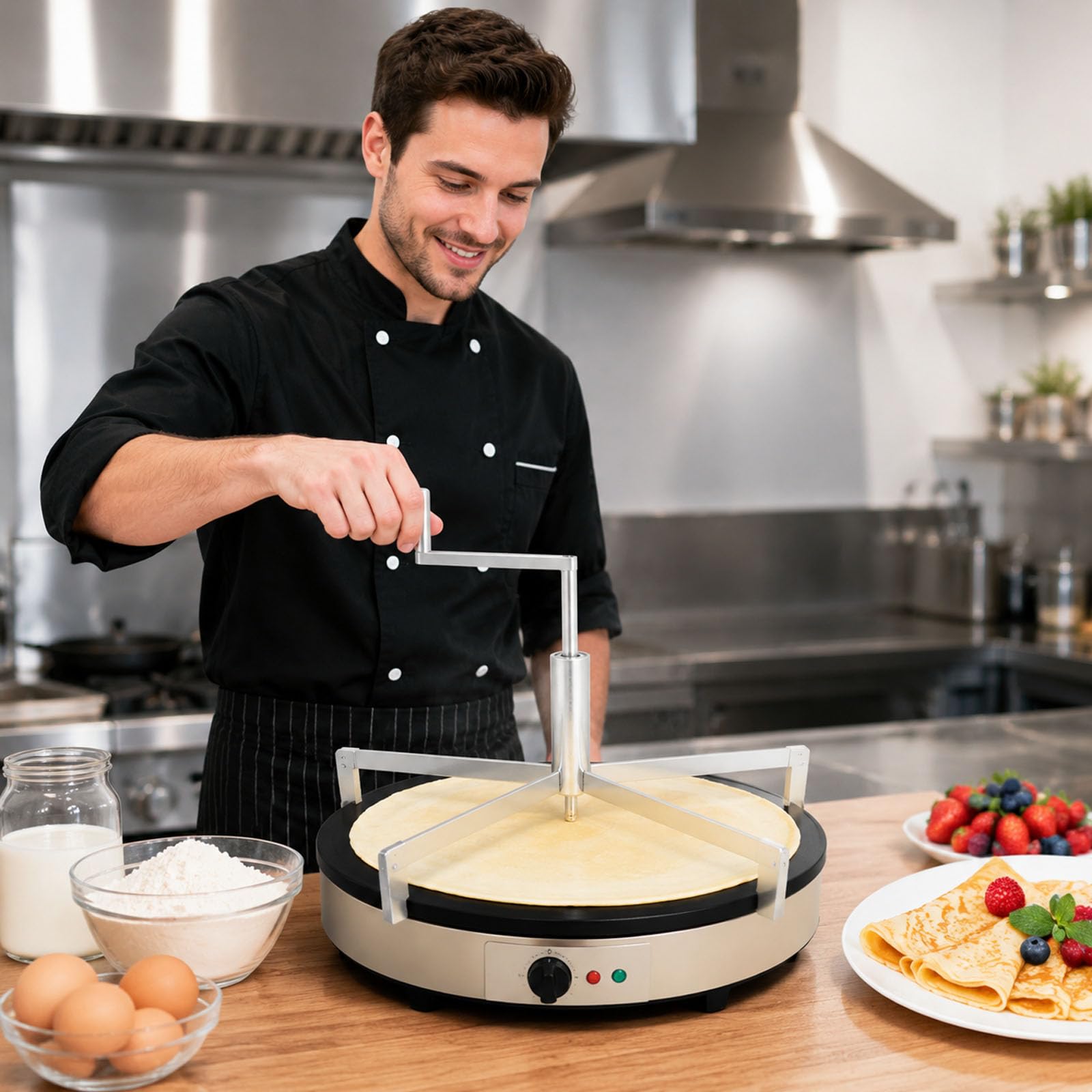 Espátula para crepes de 40 cm, de acero inoxidable, para extender la masa de crepes y tortitas, antiadherente, ideal para preparar masa de pizza y tortitas. Para uso doméstico y profesional.