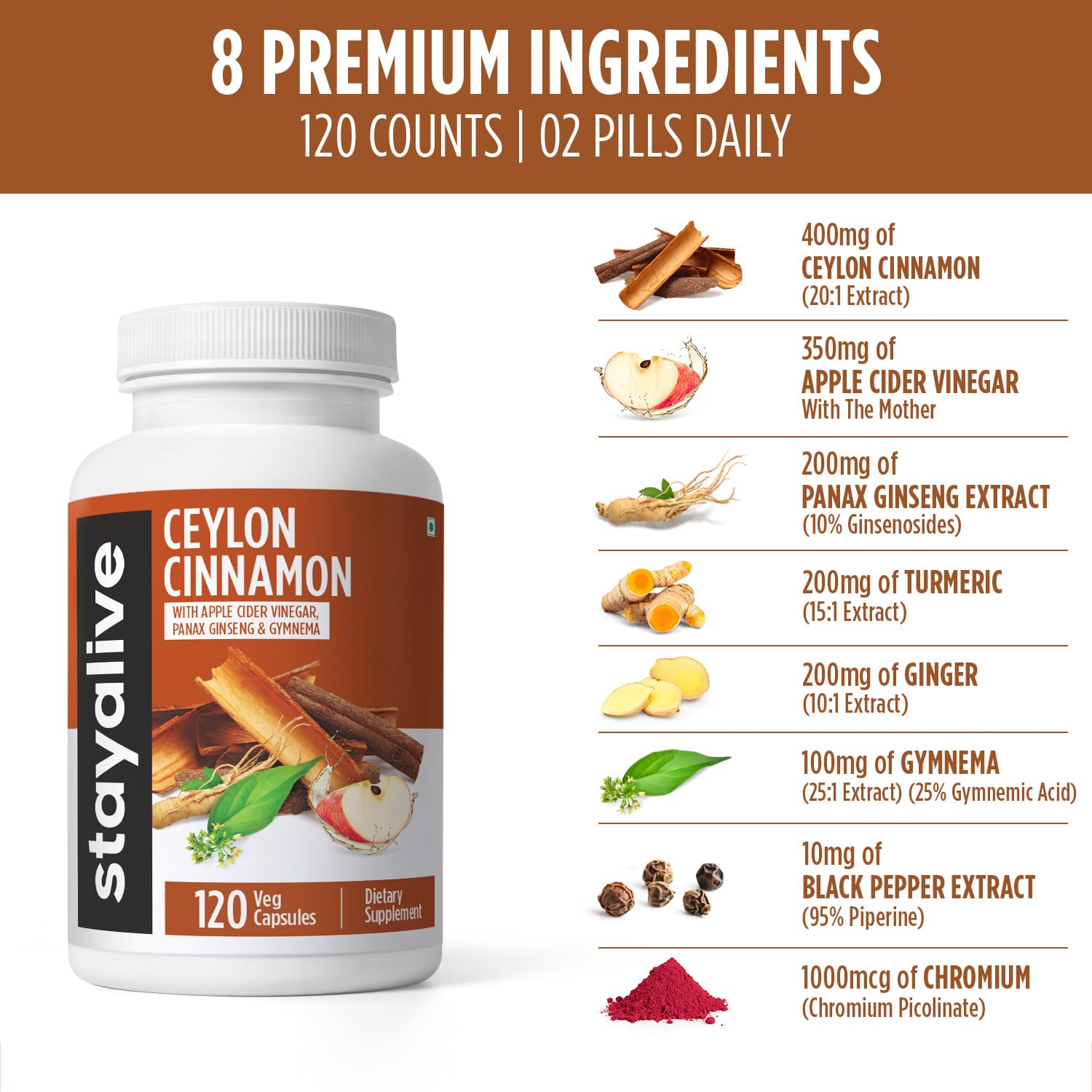 STAY ALIVE Ceylon Cinnamon Supplement, 8-in-1 Extract w/ACV, Turmeric, Ginger, Ginseng, Gymnema, Chromium & Black Pepper Powder, 120 Pills, Non-GMO & Gluten-Free Ceylon Cinnamon Capsules - Image 4 thumbnail