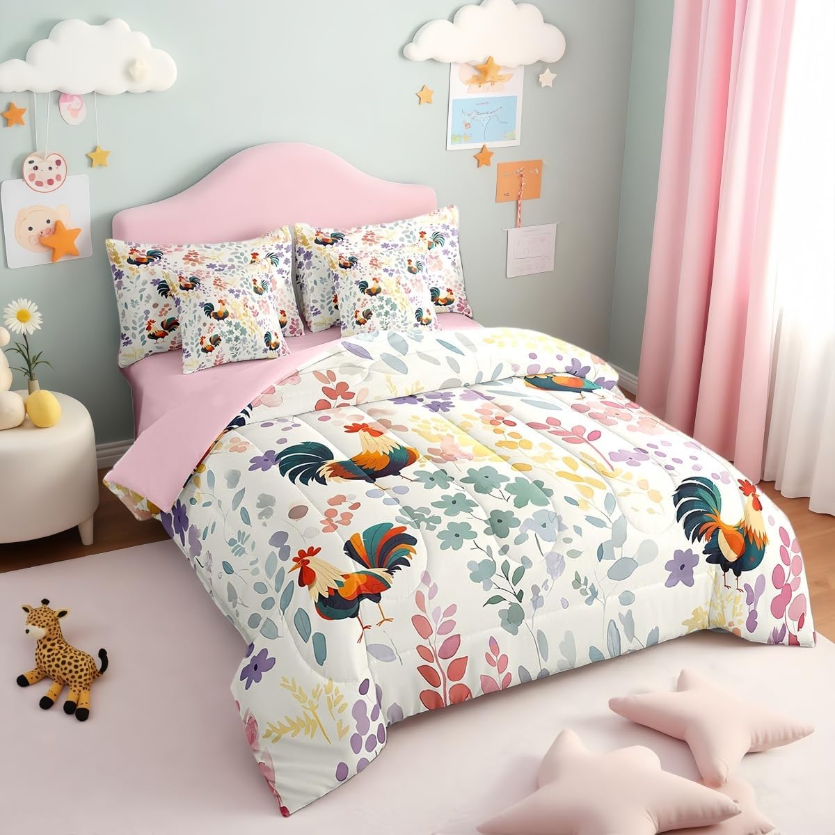 Erosebridal 7Pcs Flower Chicken Queen Comforter Set with Sheets,Farmhouse Animal Rooster Bedding Set for Kids Girls Boys,Country Farm Floral Bed Set with Fitted Sheet,Flat Sheet,Pillowcases