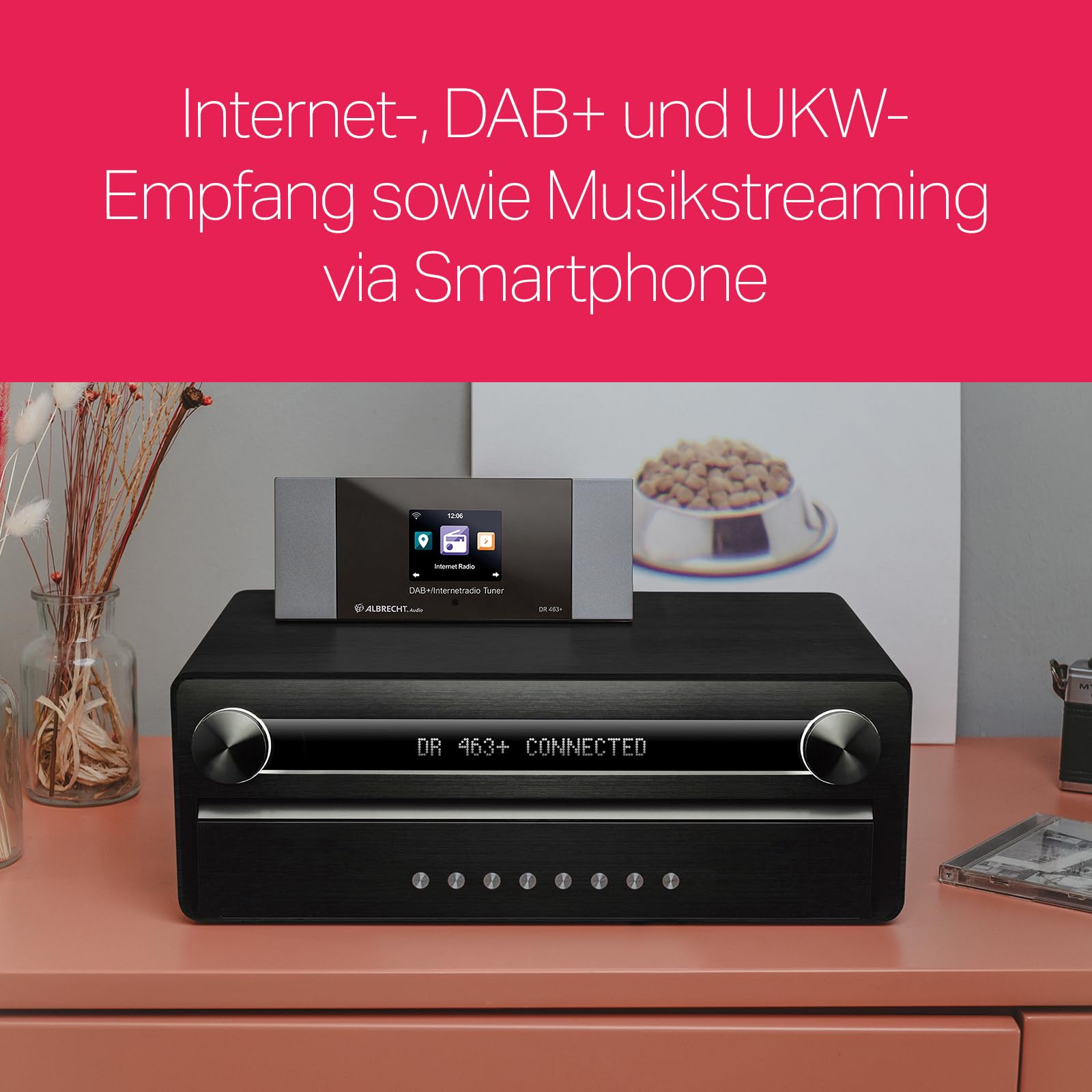 Albrecht DR463+ Internetradio DAB+ Adapter – Digitalradio Nachrüsten für Stereo-Anlagen und Radios, Musik Streaming über WLAN und Smartphone