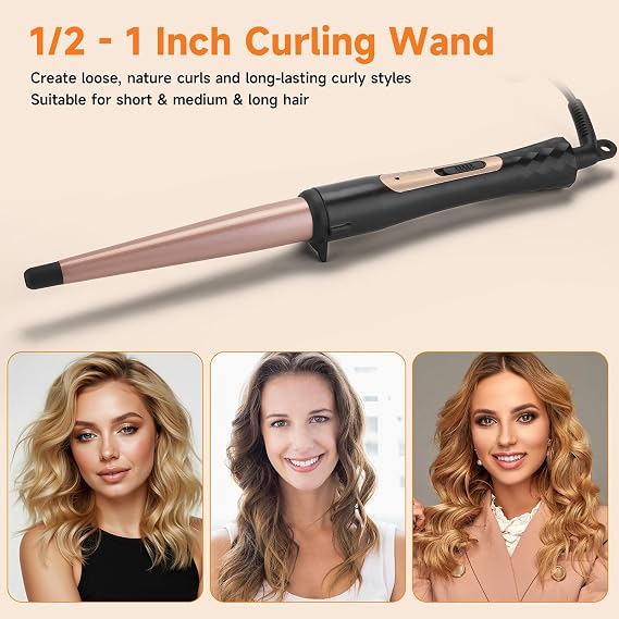 Tapered Curling Wand 13-25mm Tourmaline Ceramic Barrel Professional Hair Curling Wand for Short Medium Long Hair Two Temperature Settings Dual Voltage Auto Shut-Off