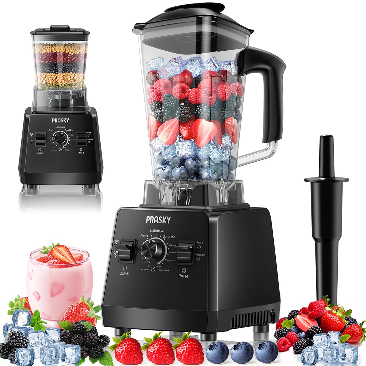 Professional Blender,Smoothies Blenders, PRASKY Max.2400Watts/1000Watts Blender and Grinder Combo 25000RPM Powerful Kitchen 68oz BPA Free 2 Containers Countertop Blenders Ice Crushing