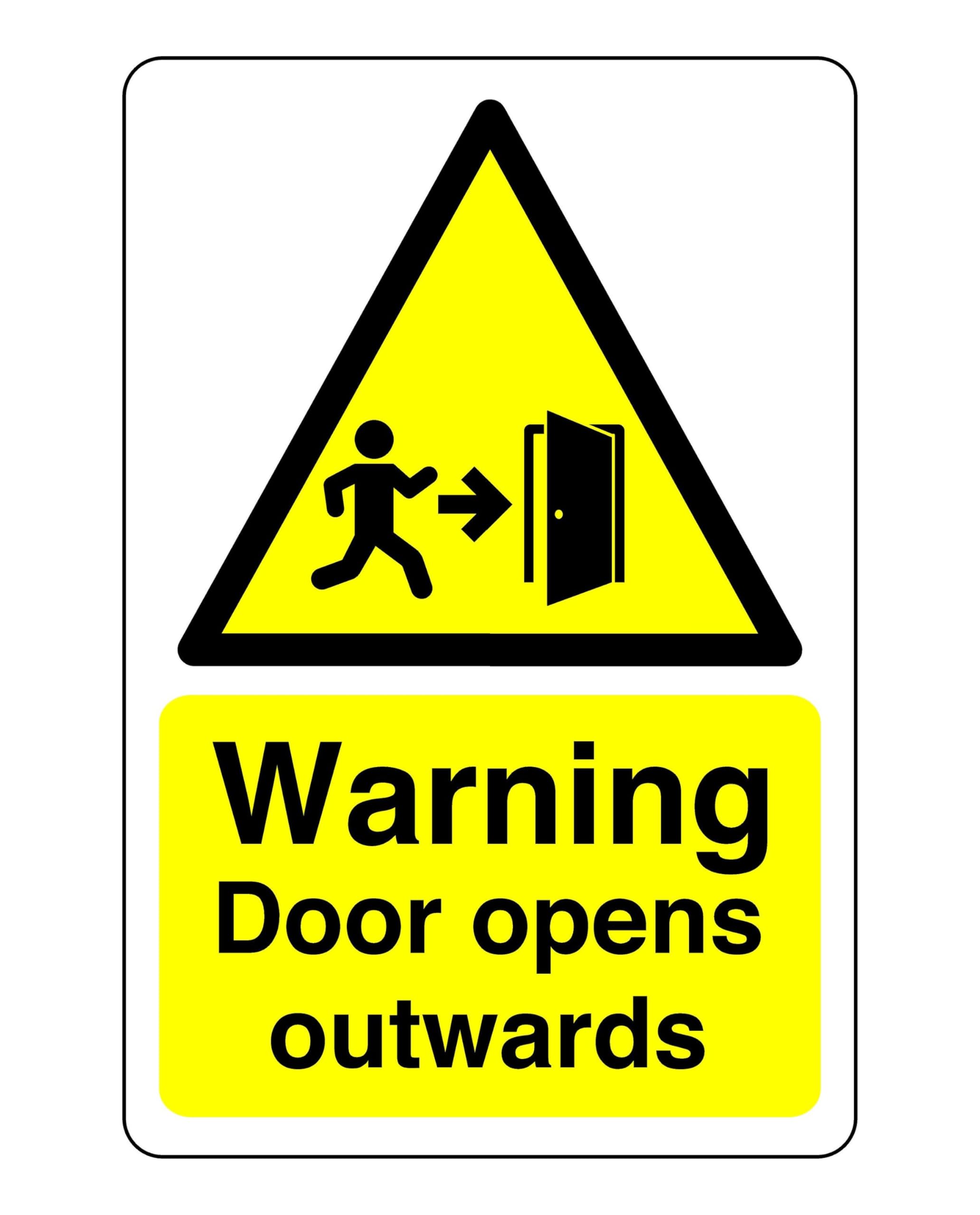 Safety First Display LTD Warning door opens outwards sign- 3mm Aluminum Dibond for indoor/outdoor usage (600mm x 400mm) 20m Viewing Distance.