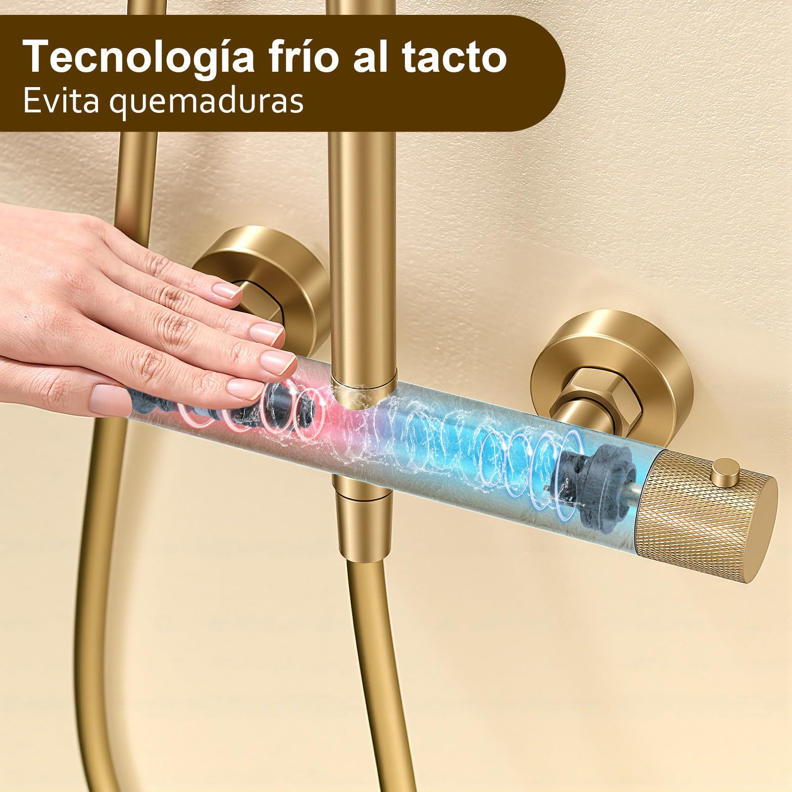 Sistema de ducha completo con termostato para rociador de lluvia de 25 cm y teleducha de 3 chorros Termostato con mando giratorio antideslizante y protección antiescaldaduras