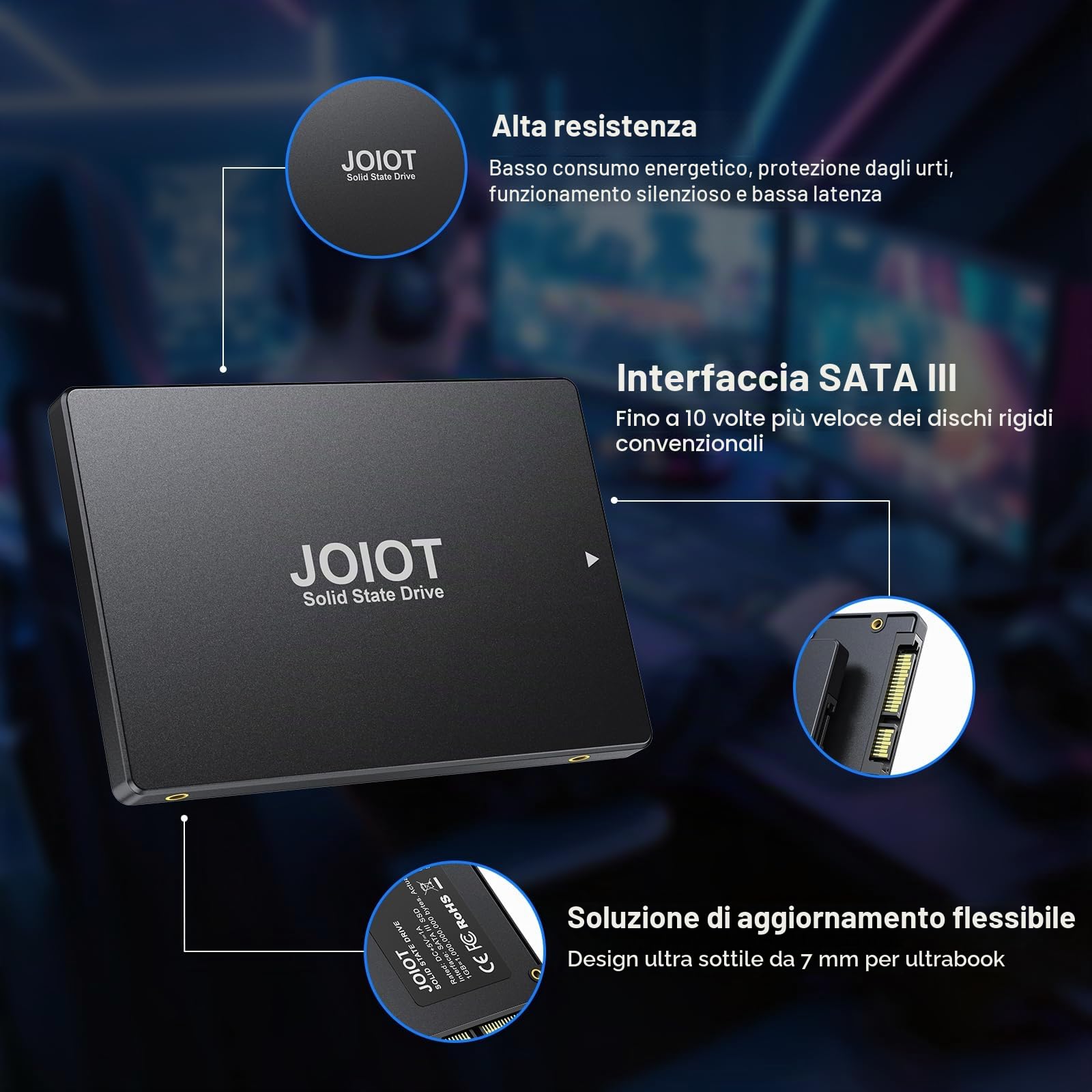 JOIOT SSD Interno 512GB Hard Disk Interno Fino a 500MB/s in Lettura 450MB/s in Scrittura Interno SSD 500gb SATA III 2.5 Pollici Unità a Stato Solido Interne Compatibile con Laptop e PC Desktop Nero